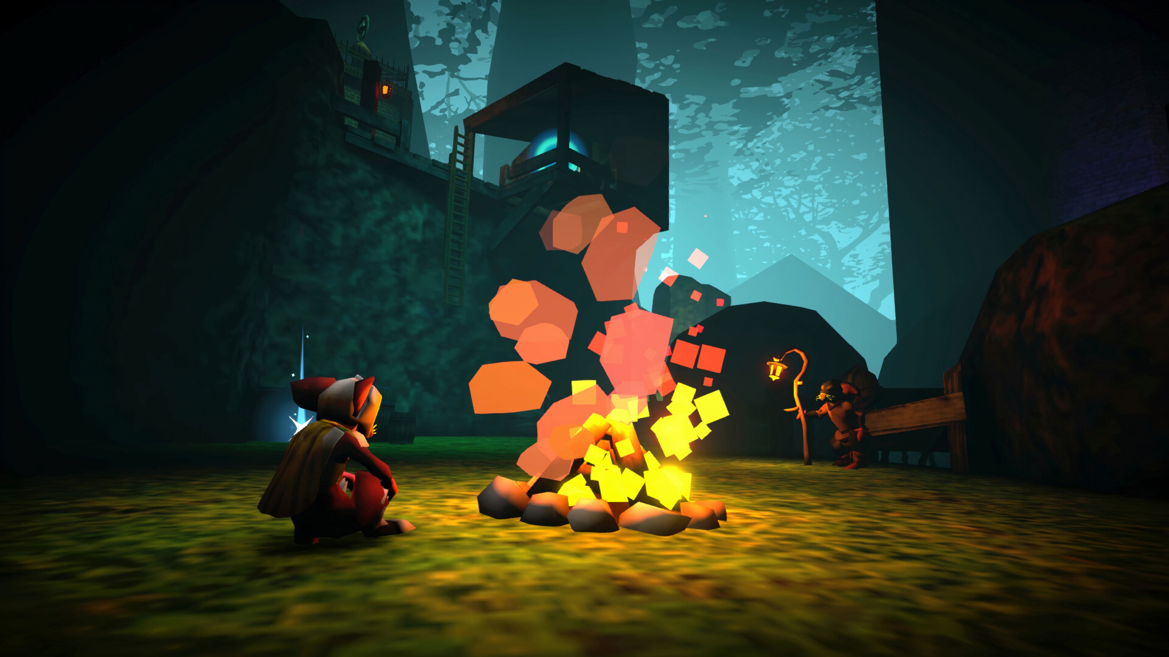 Protagonist sitting at a campfire in Mouseward