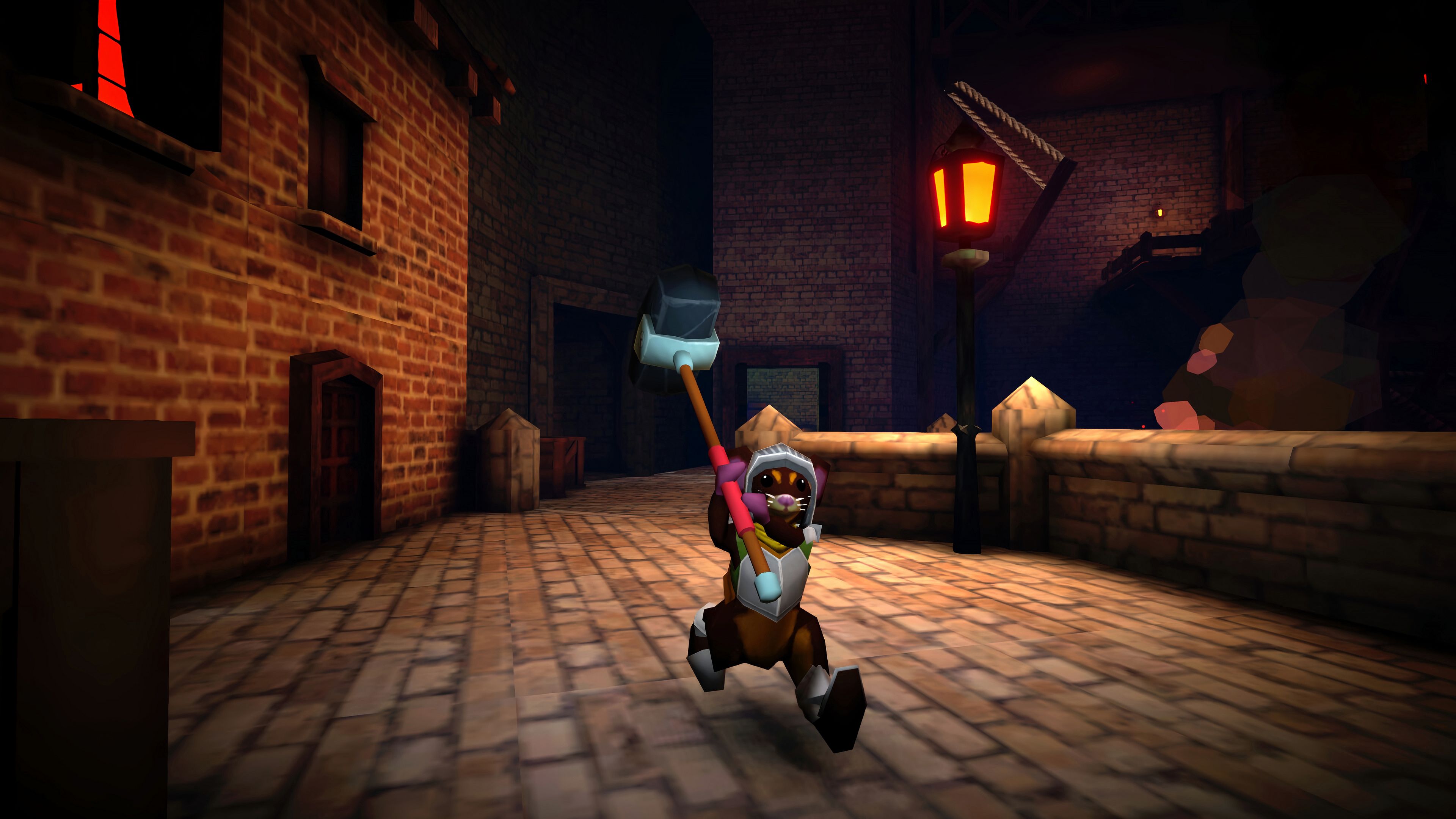 Protagonist wielding a giant two handed hammer in Mouseward