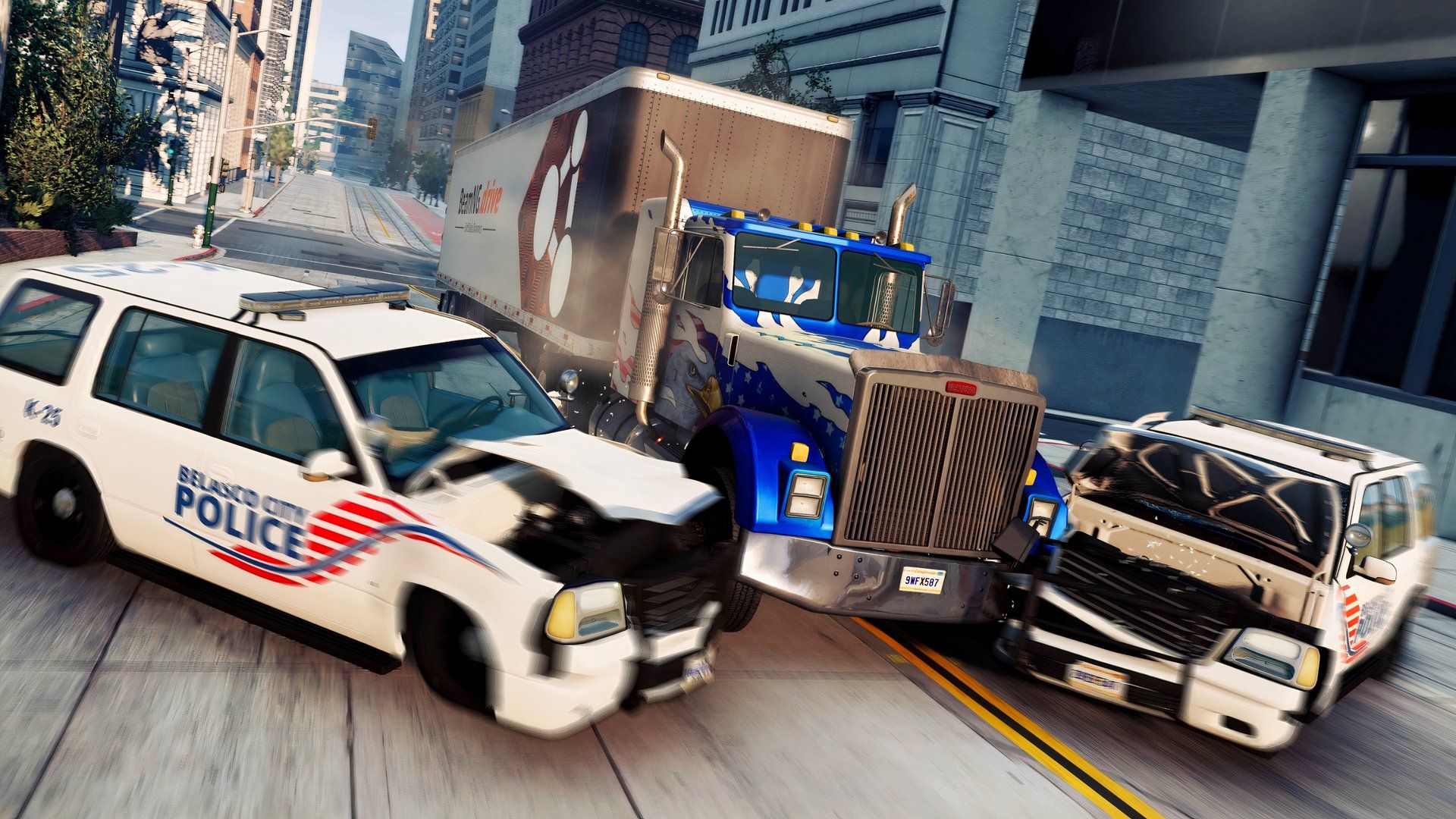 a truck in beamng.drive crashing into two cop cars.
