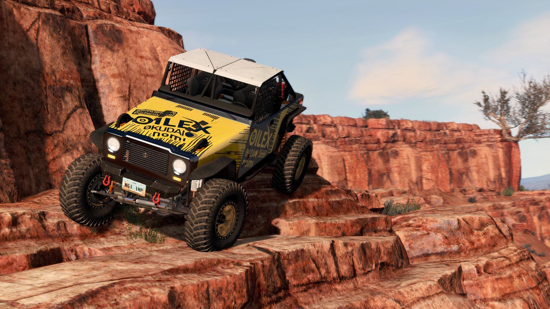 off-road car in beamng.drive on the ledge of a cliff.