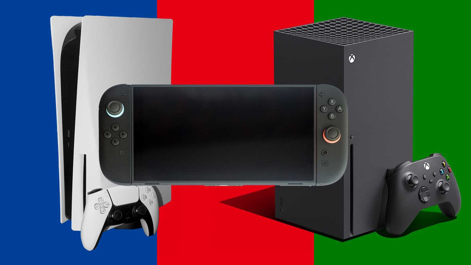 Side by side images of a PS5, Switch 2, and Xbox Series X against blue, red, and green backgrounds