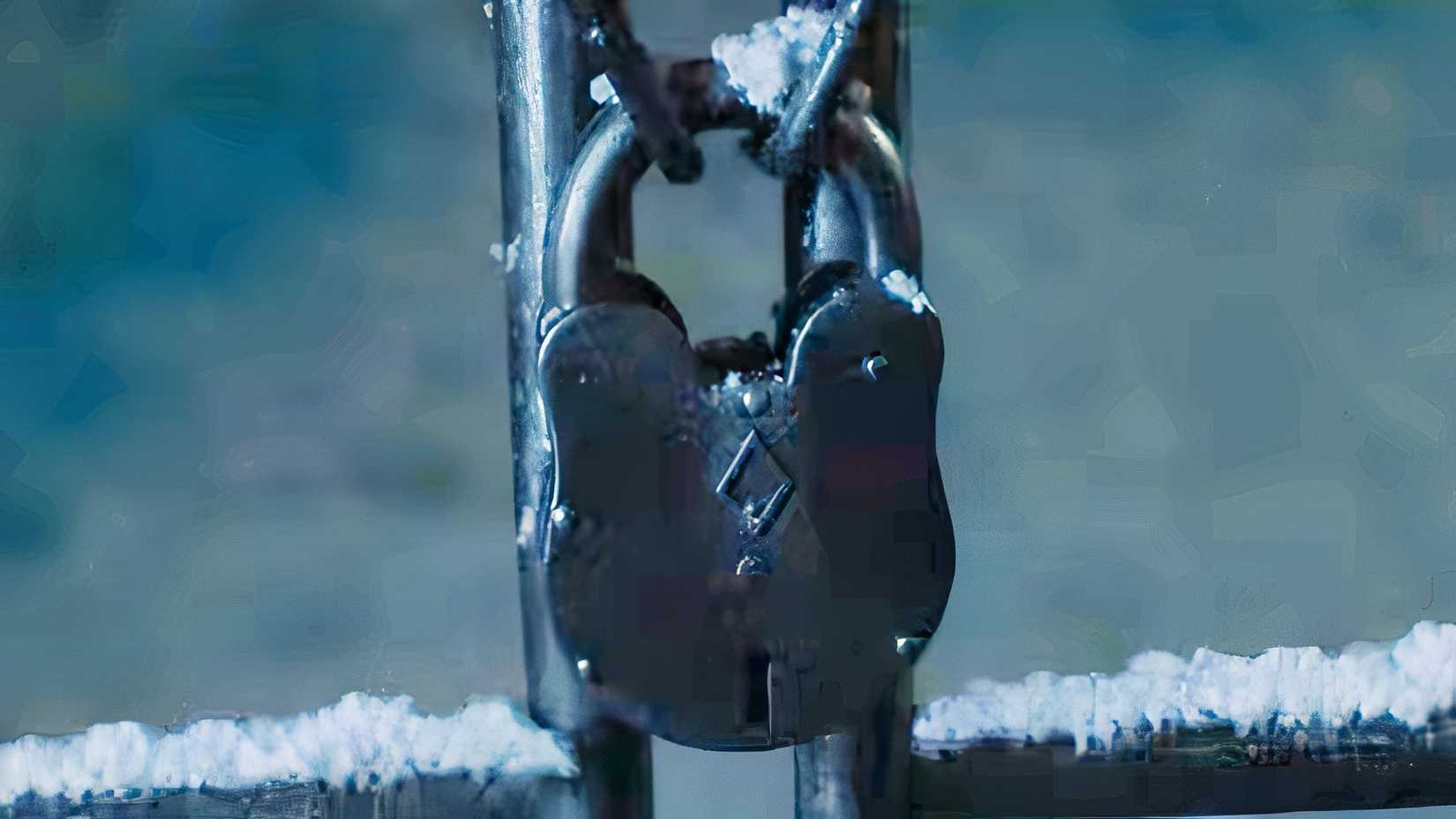 A large silver padlock with a diamond embossment at the top locking a chain in the snow