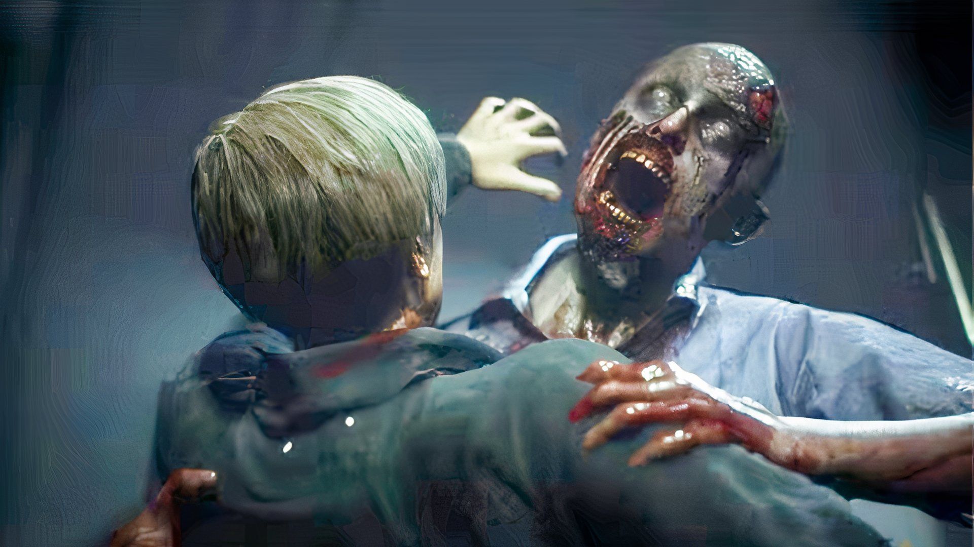 Leon Kennedy in his civilian clothes being attacked by a bloody zombie clerk in the original Resident Evil 2