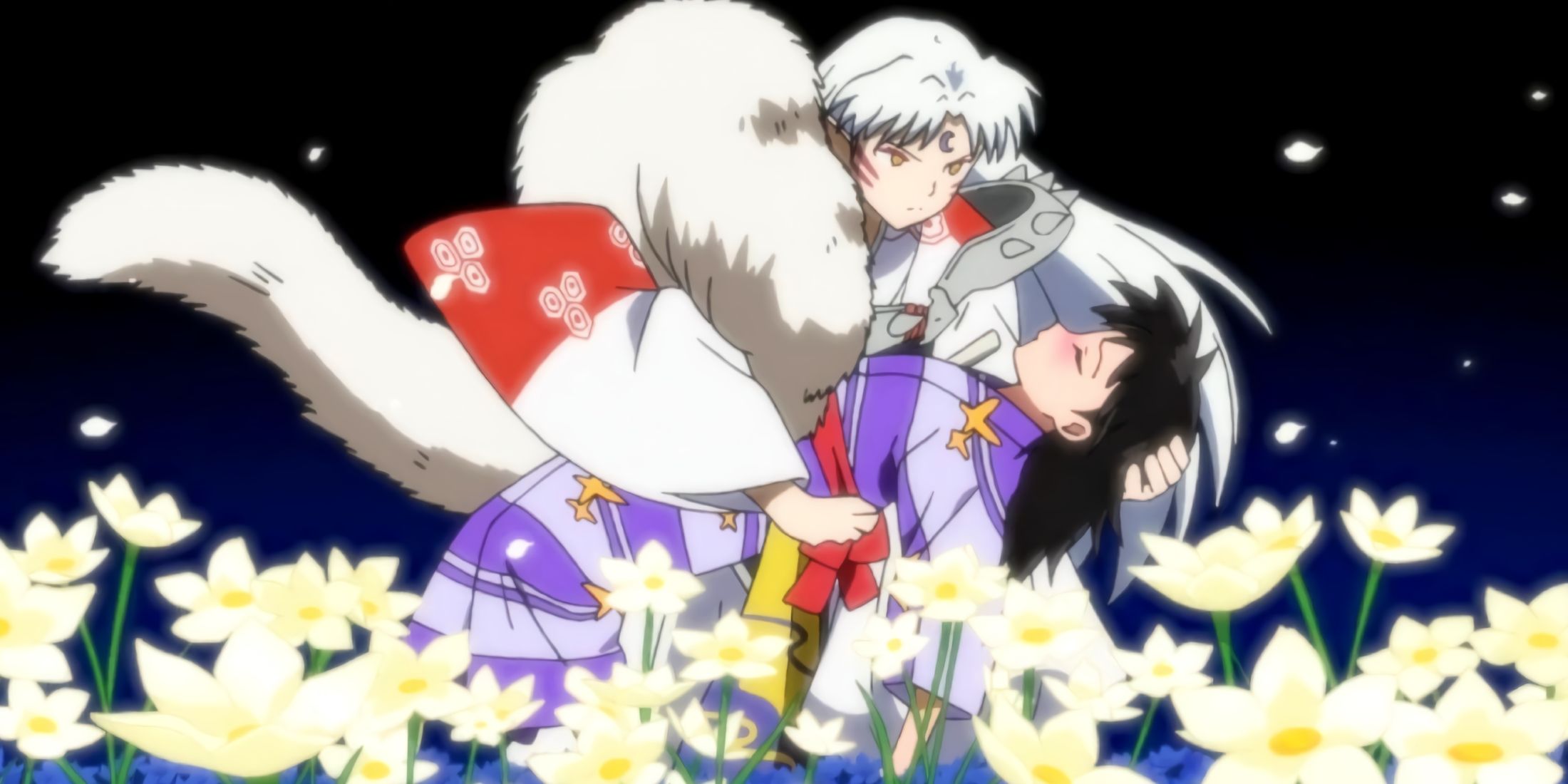 Sesshomaru holding a fainted Rin
