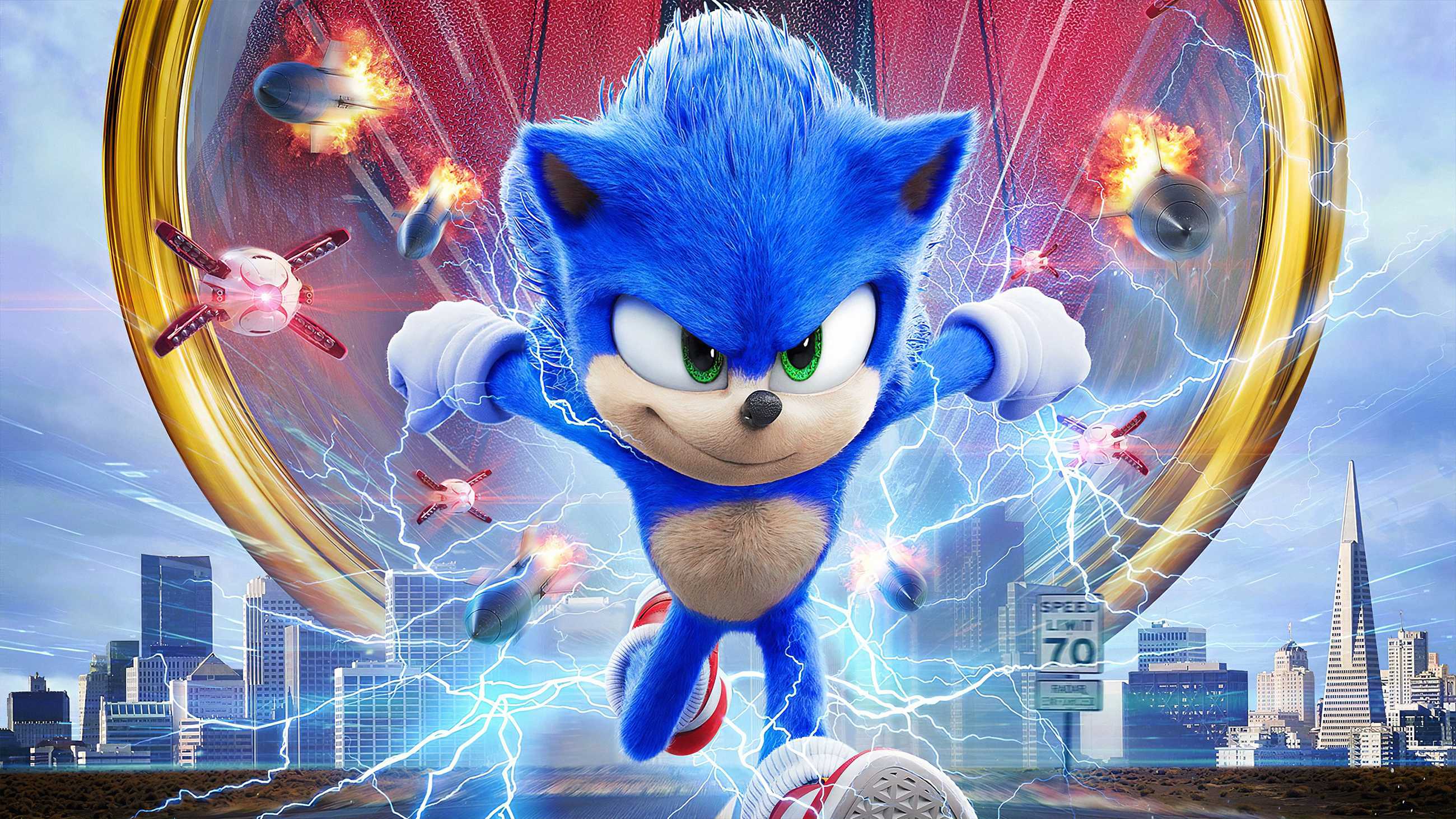 Sonic running away from missiles in the Sonic the Hedgehog movie