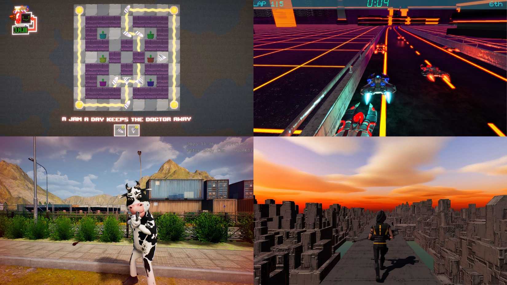 images of blitz road, jam's adjustable mirrors, abattoir: escape cow, and sniper road.