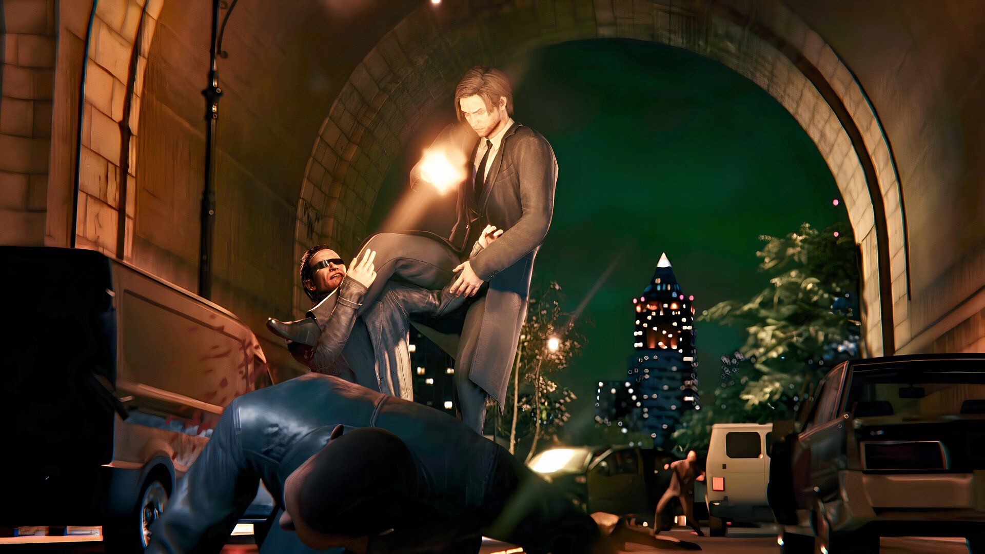 blackwood protagonist anton killing enemies with a combination of guns and martial arts moves.