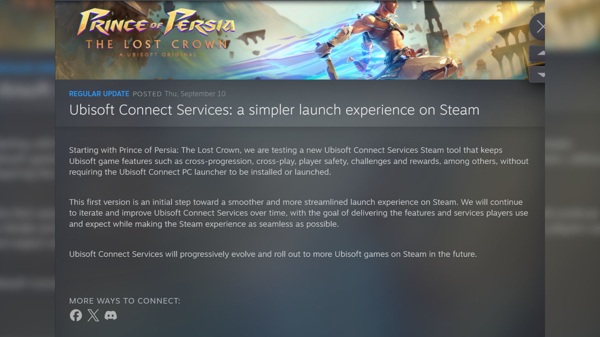 Steam Ubisoft Connect Prince of Persia The Lost Crown Post announcing a new launcher