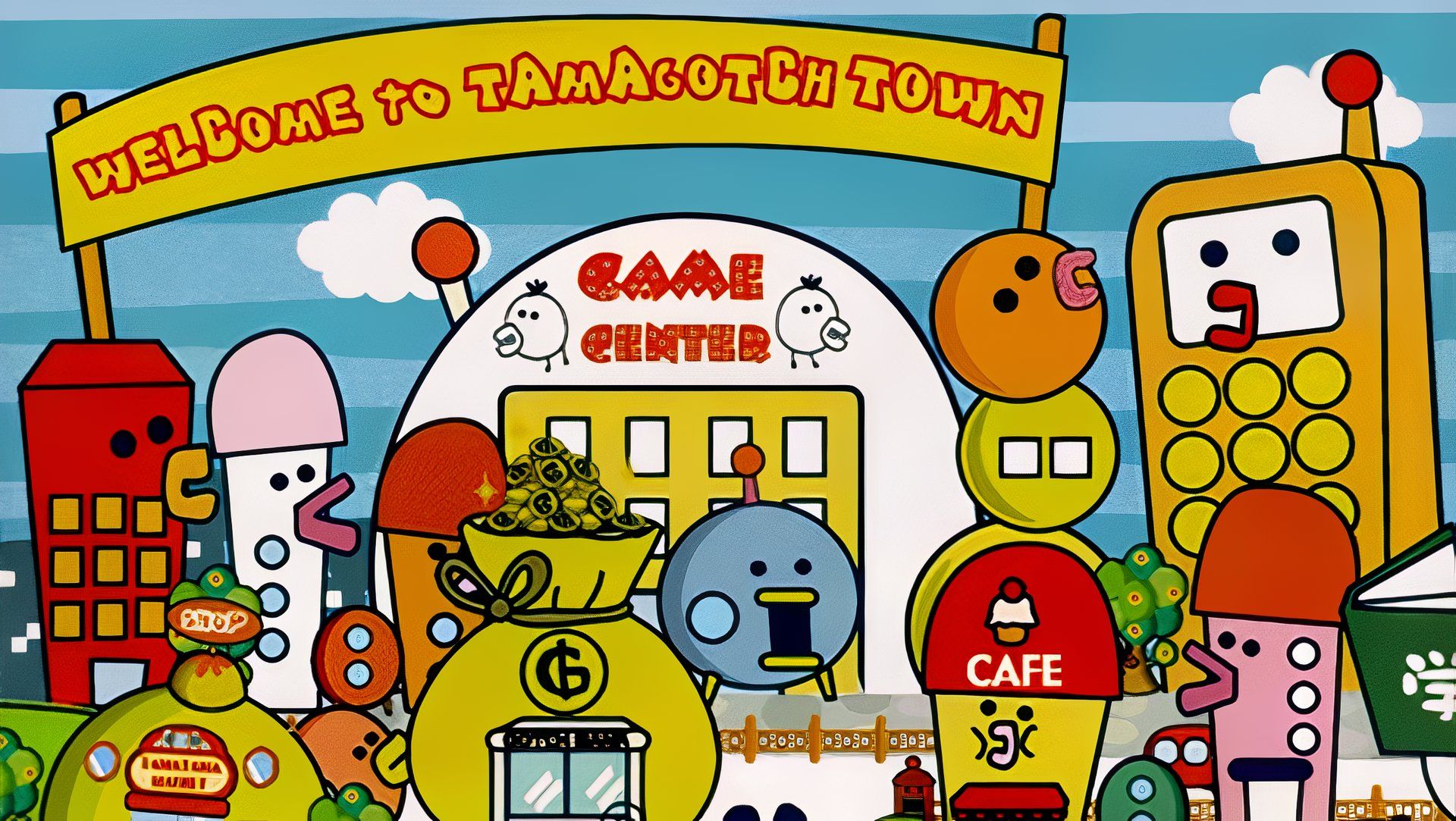 tamagotchi party on tamagotchi town colorful buildings
