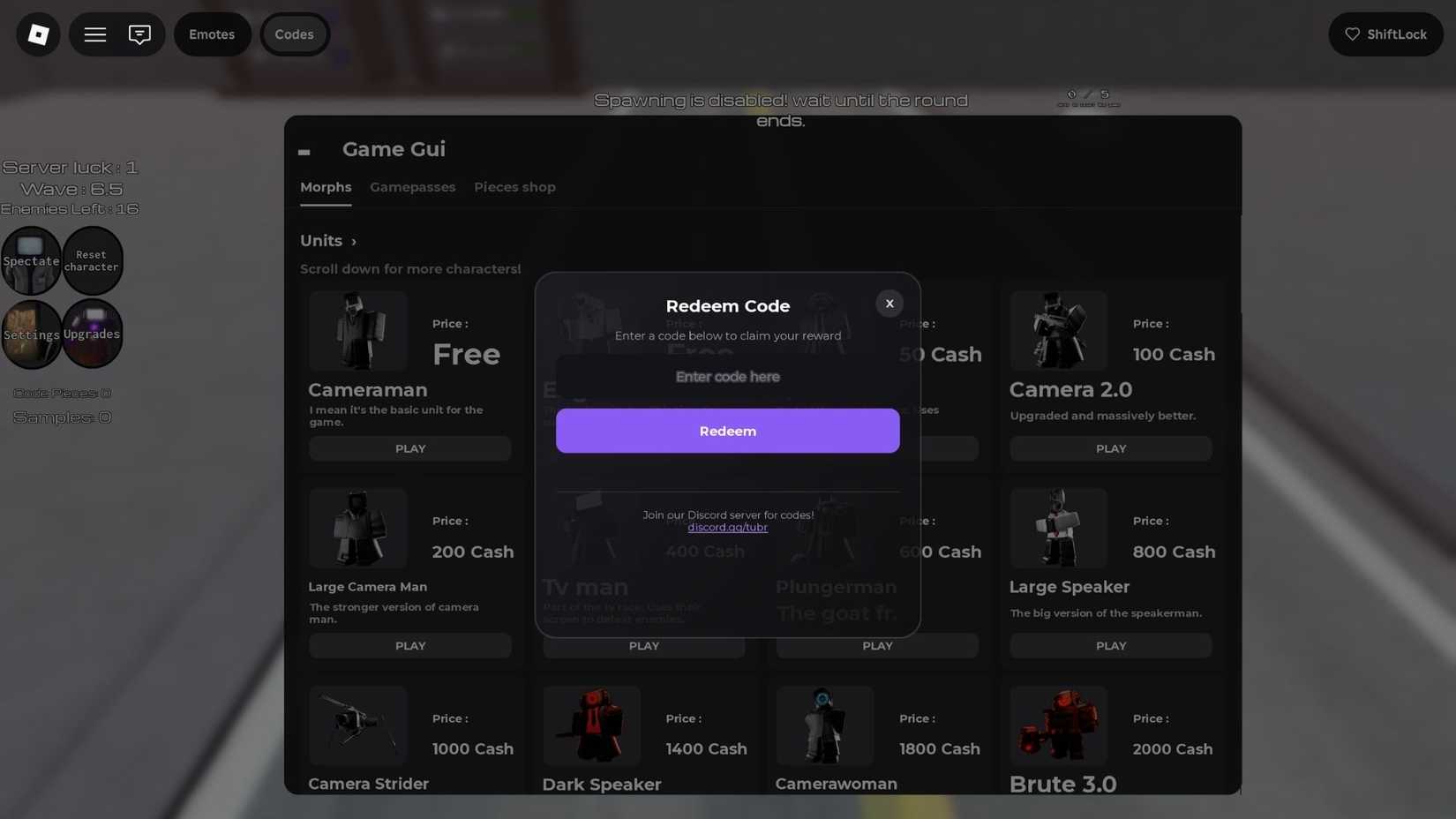 Titans Ultra Boss Rush - the codes tab