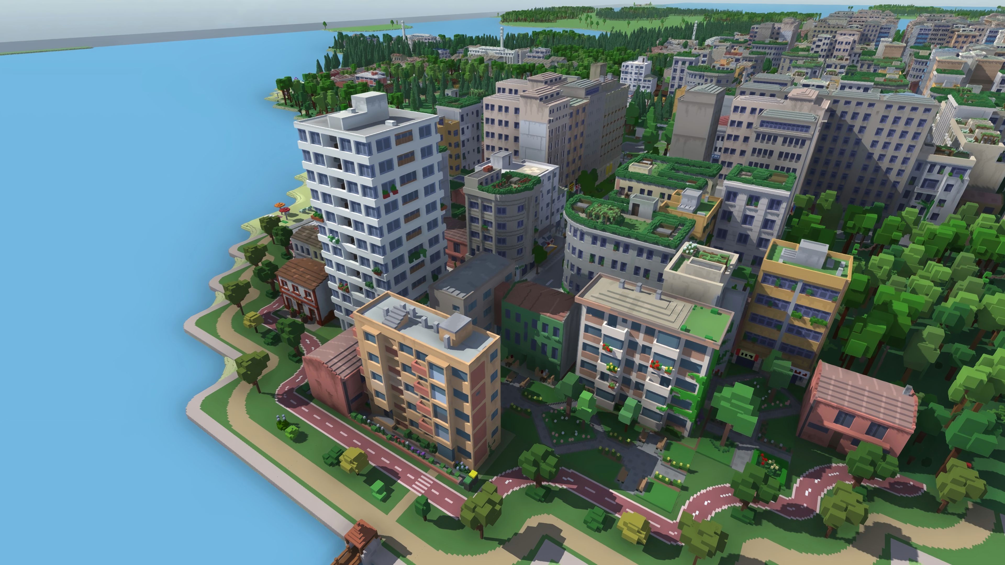 Top down of a city coastline in Urbek City Builder