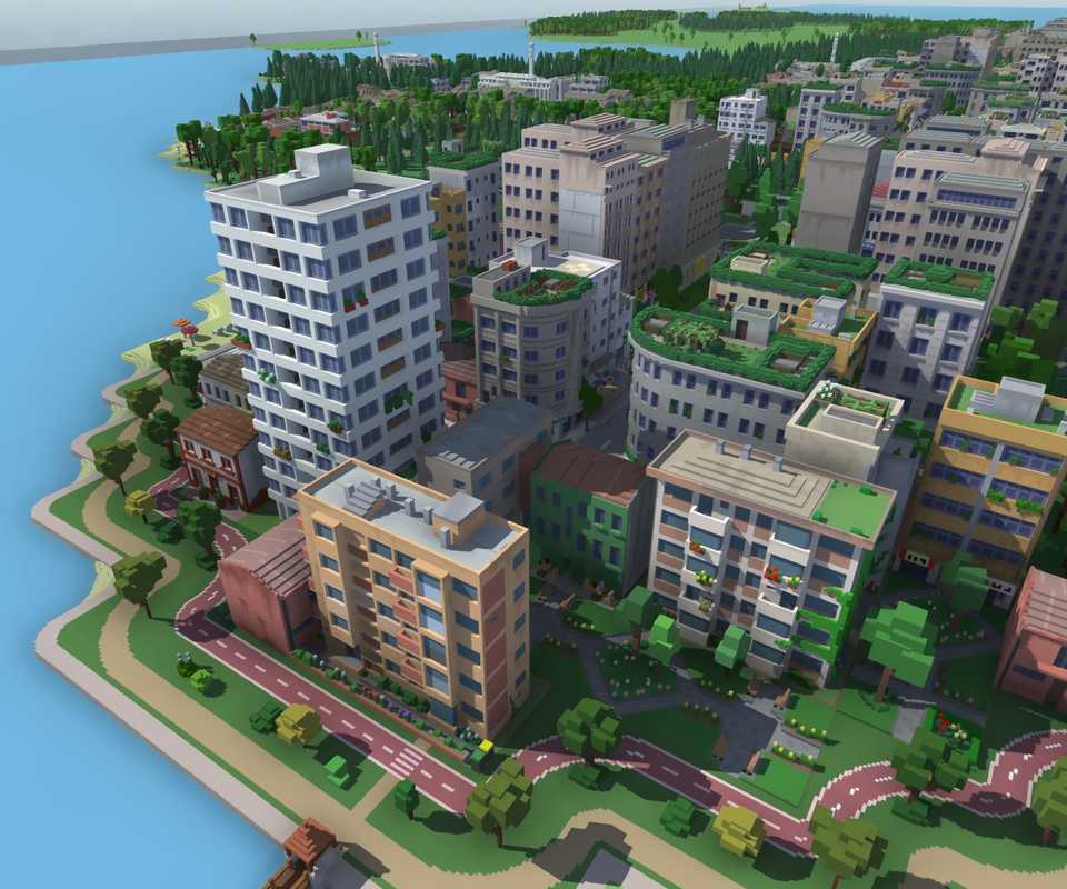Top down of a city coastline in Urbek City Builder