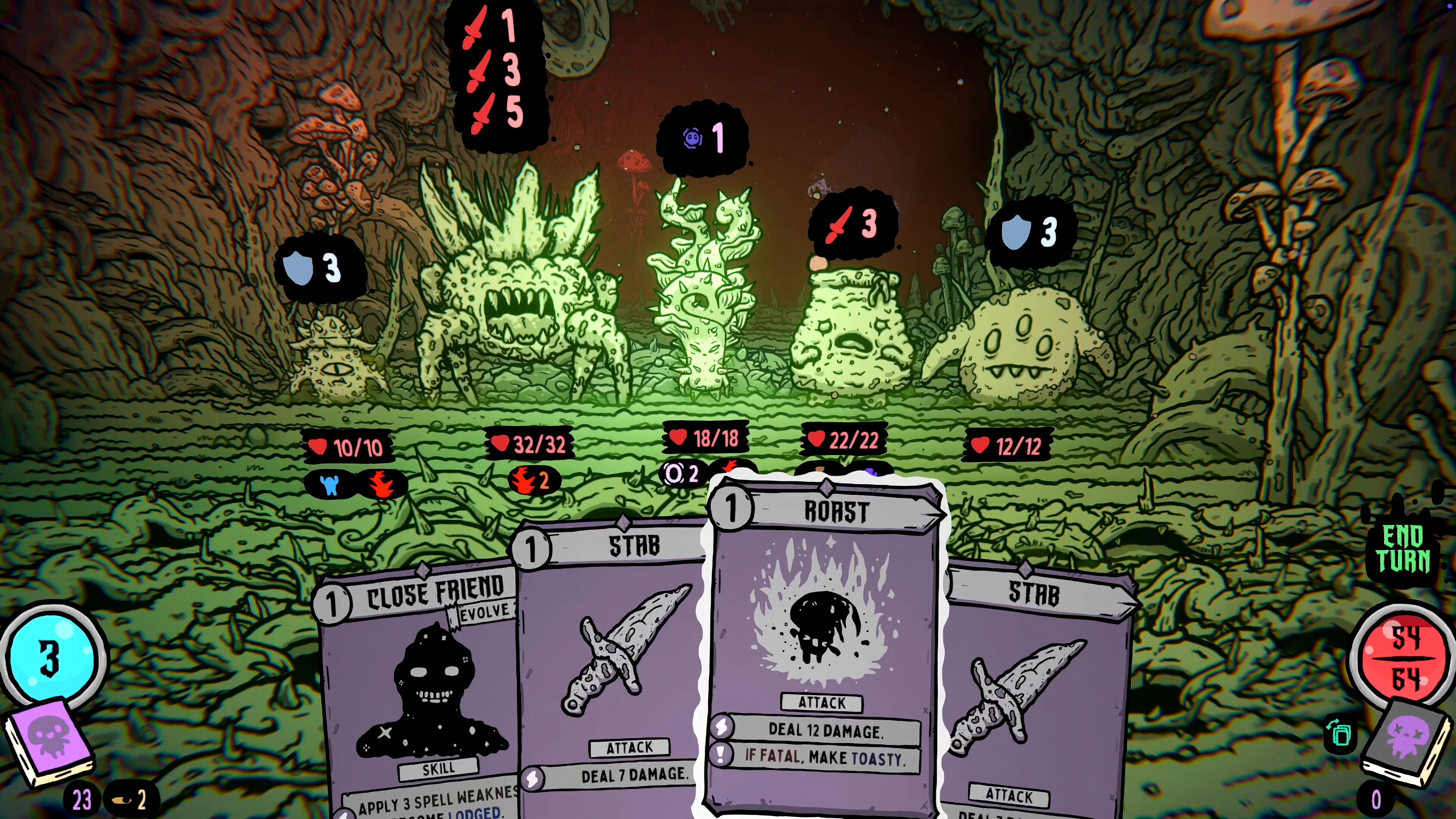 Using a Roast card on a group of enemies in Shroom and Gloom