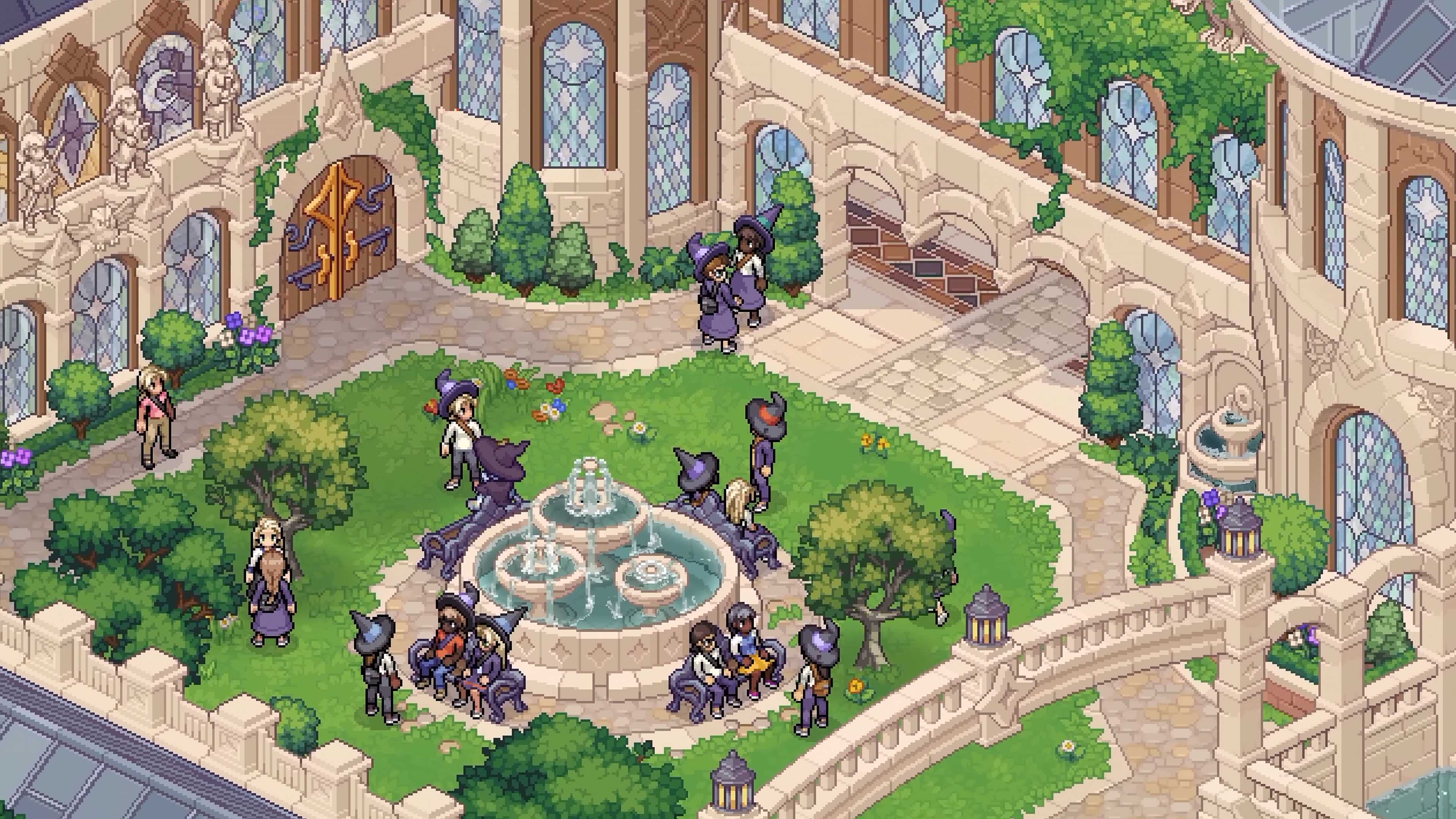 Witches gathering in courtyard in Witchbrook