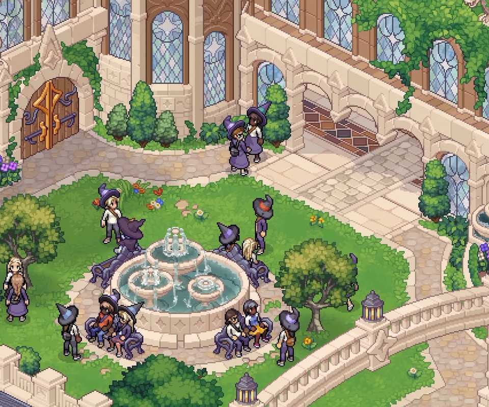 Witches gathering in courtyard in Witchbrook