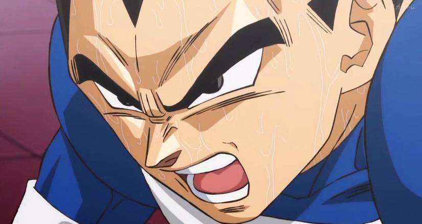 Vegeta sweating while training in the Gravity Chamber in Dragon Ball Super: Beerus Episode 1