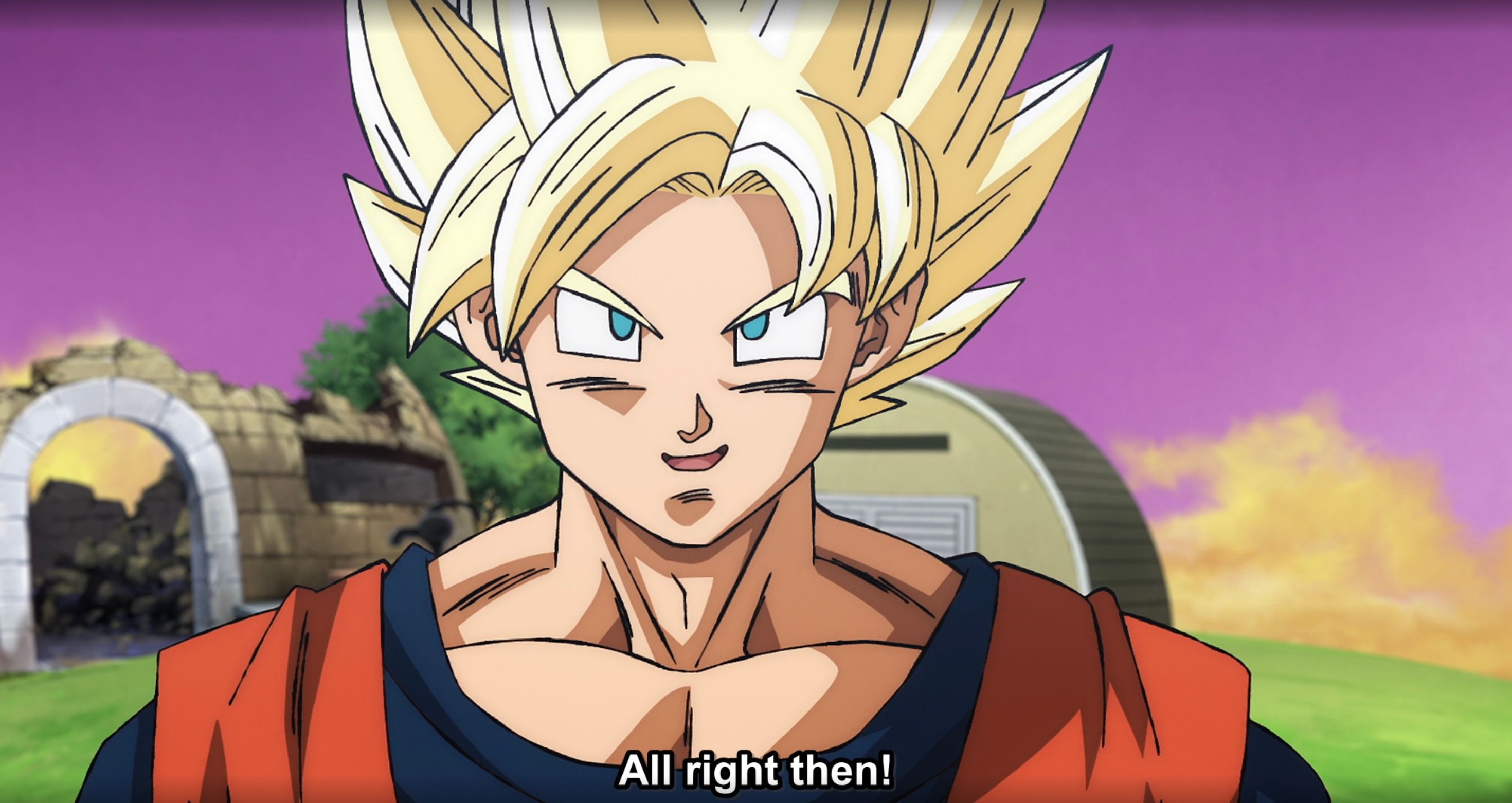 Super Saiyan Goku about to fight Beerus in Dragon Ball Super: Beerus Episode 2