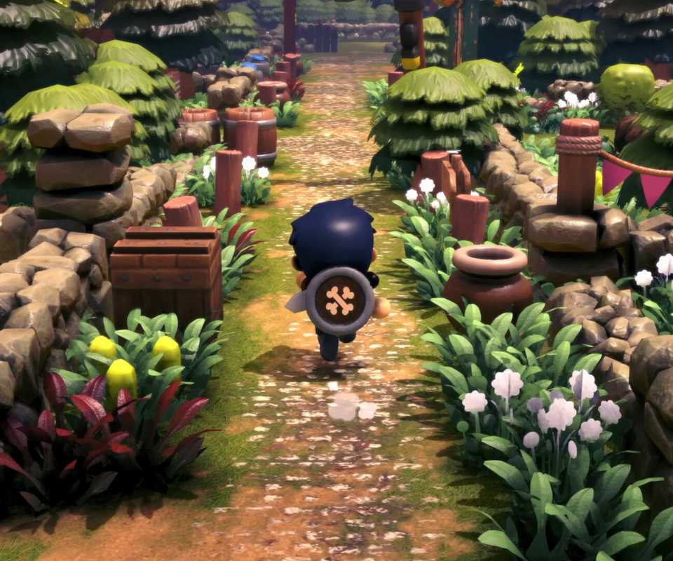 A character carrying a shield runs along a forest path in Littlelands