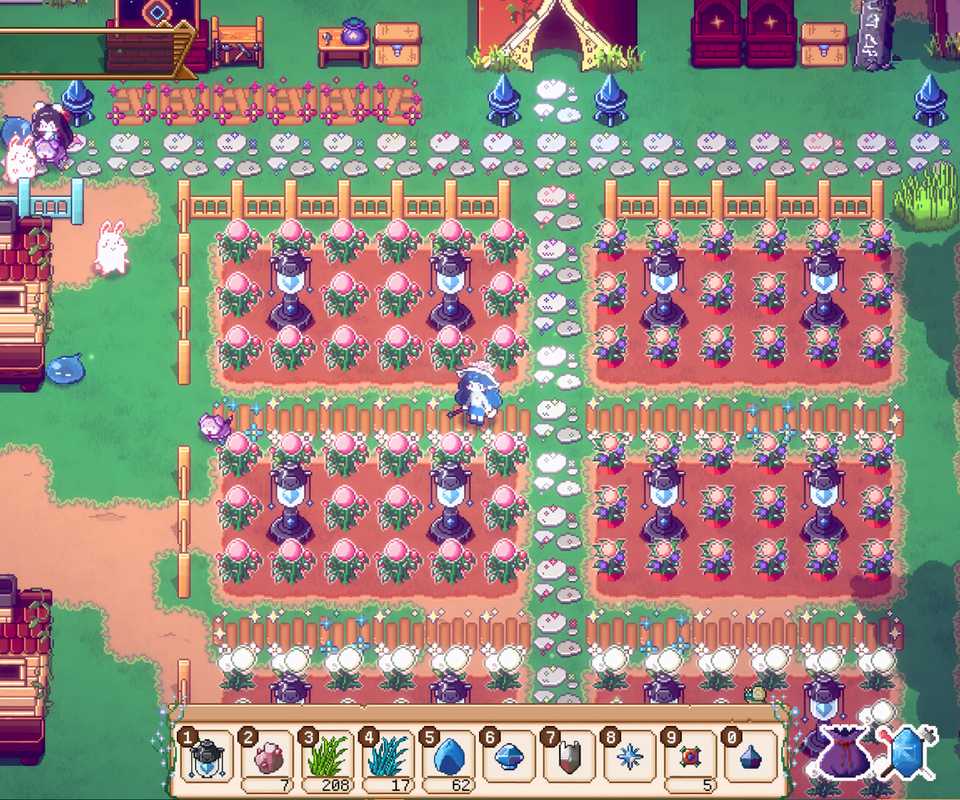 A colorful Mystical Demon Farm homestead featuring neatly arranged flower crops, sprinklers, fenced gardens, and adorable demon creatures roaming the farm