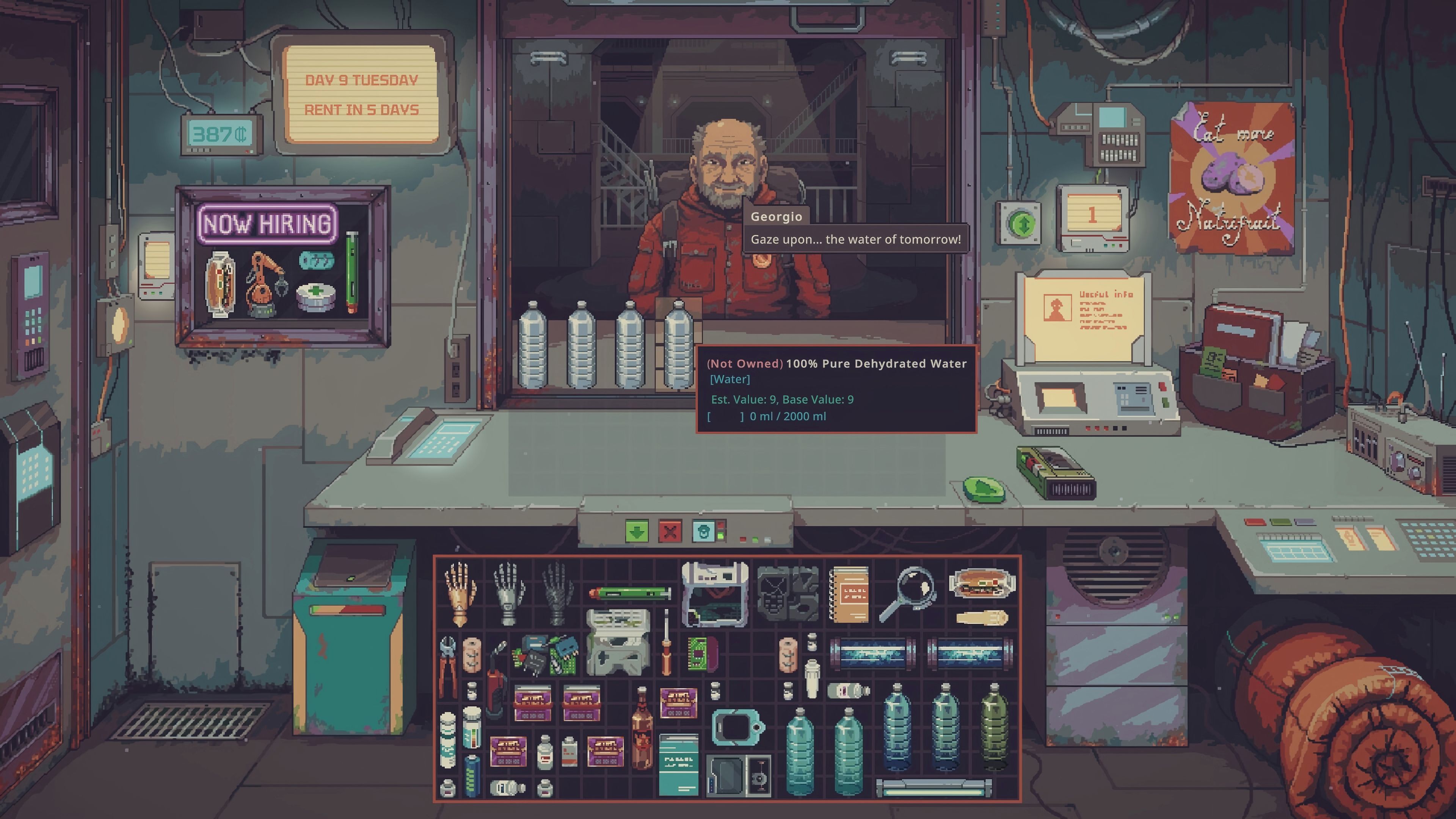 A customer named Georgio offers bottled water for sale in Probably Stolen, with the shop's inventory displayed below the trading counter