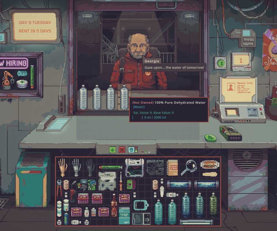 A customer named Georgio offers bottled water for sale in Probably Stolen, with the shop's inventory displayed below the trading counter
