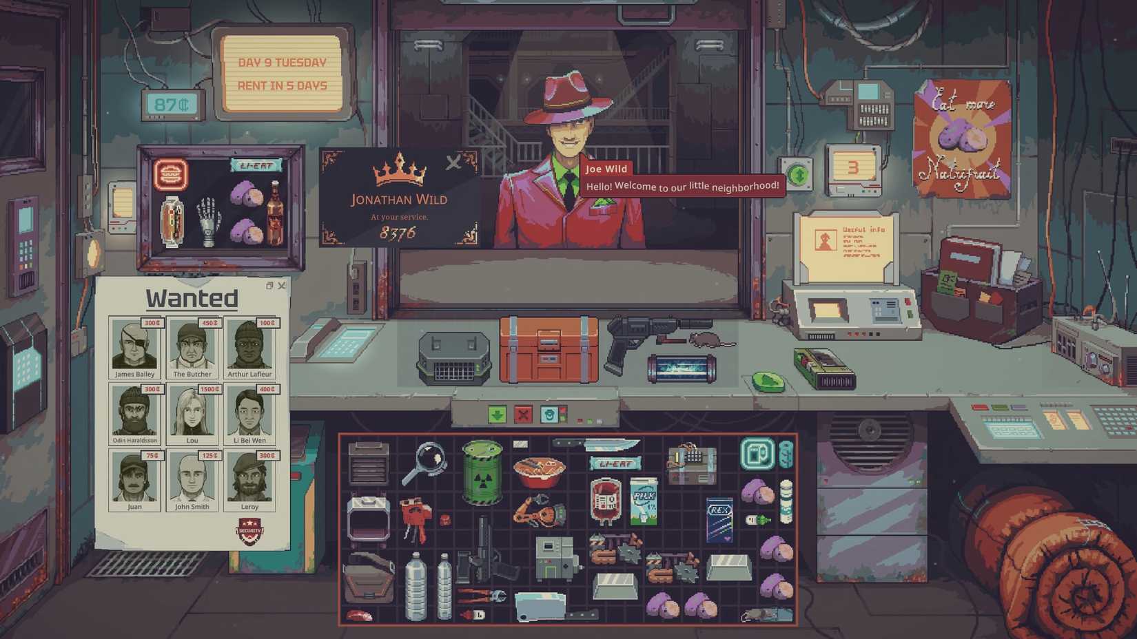 A customer named Joe Wild visits the shop in Probably Stolen, with wanted posters, a handgun, and various items displayed for trading