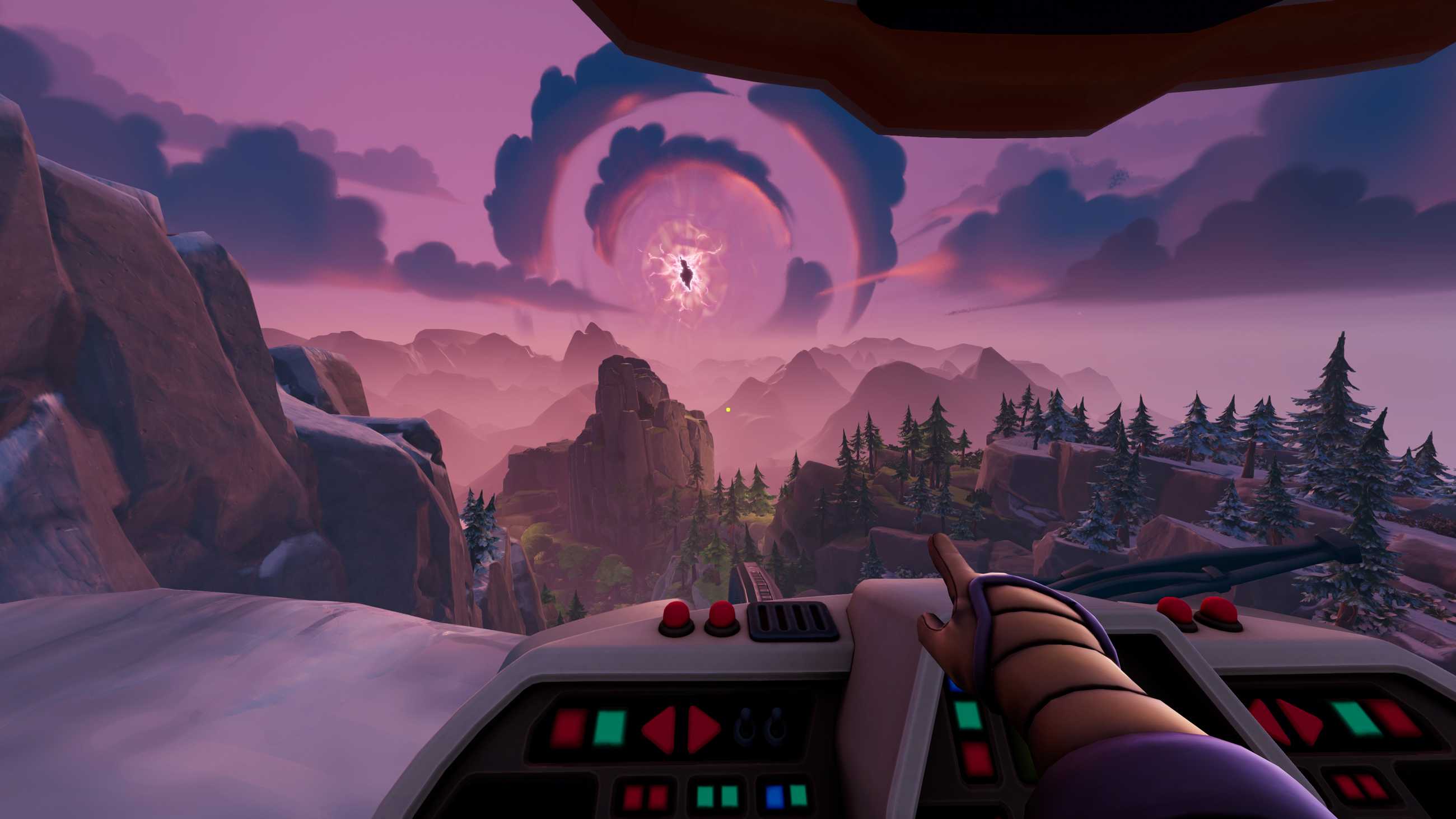 A first-person view of an Explorer pointing toward a massive swirling purple anomaly in the sky above snowy mountains and pine forests while standing at a futuristic control console in We Were Here Tomorrow