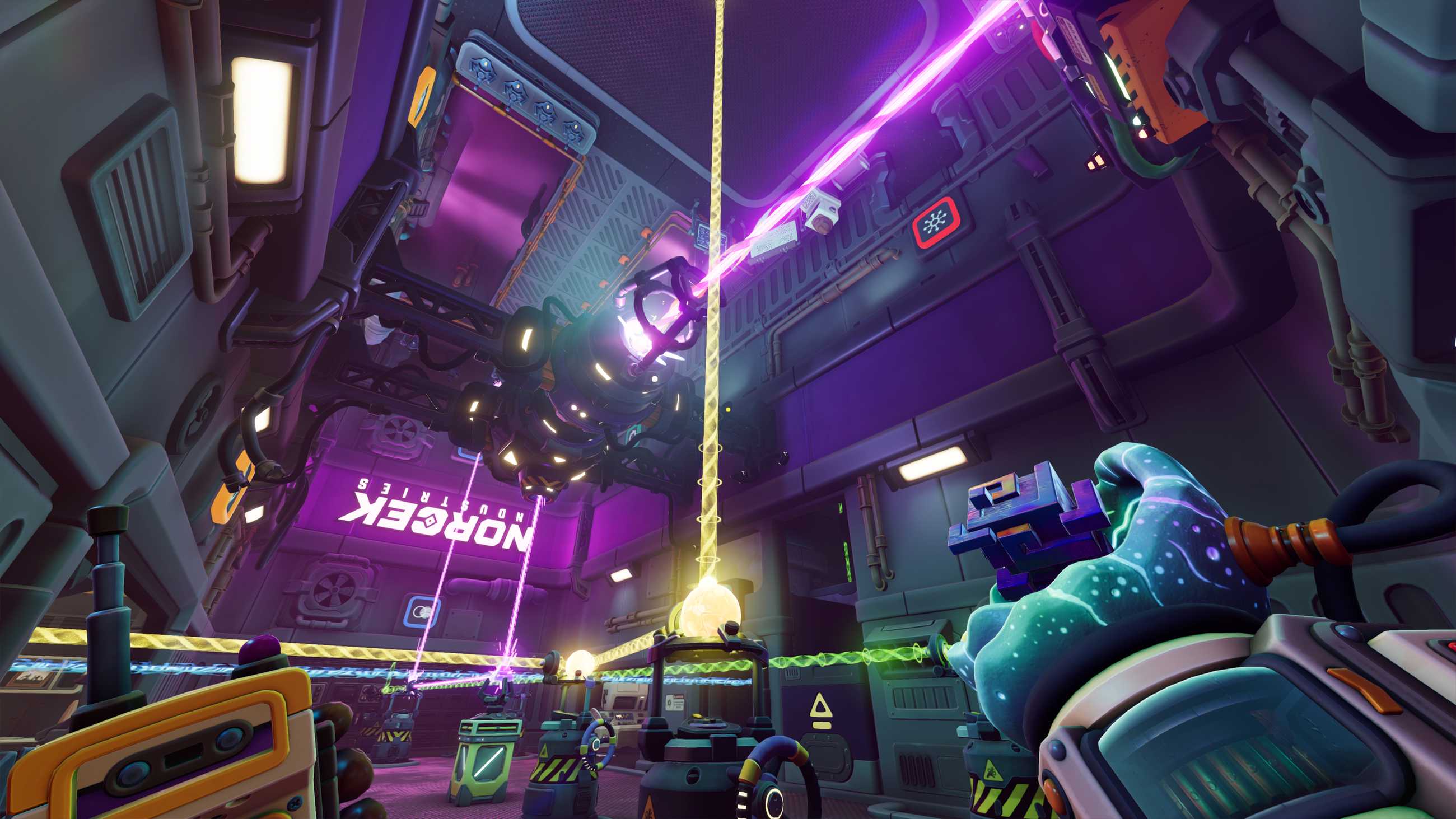 A first-person view of an Explorer using a Goop Gun to solve a puzzle involving glowing purple, green, and yellow energy beams inside a Norček Industries research facility in We Were Here Tomorrow