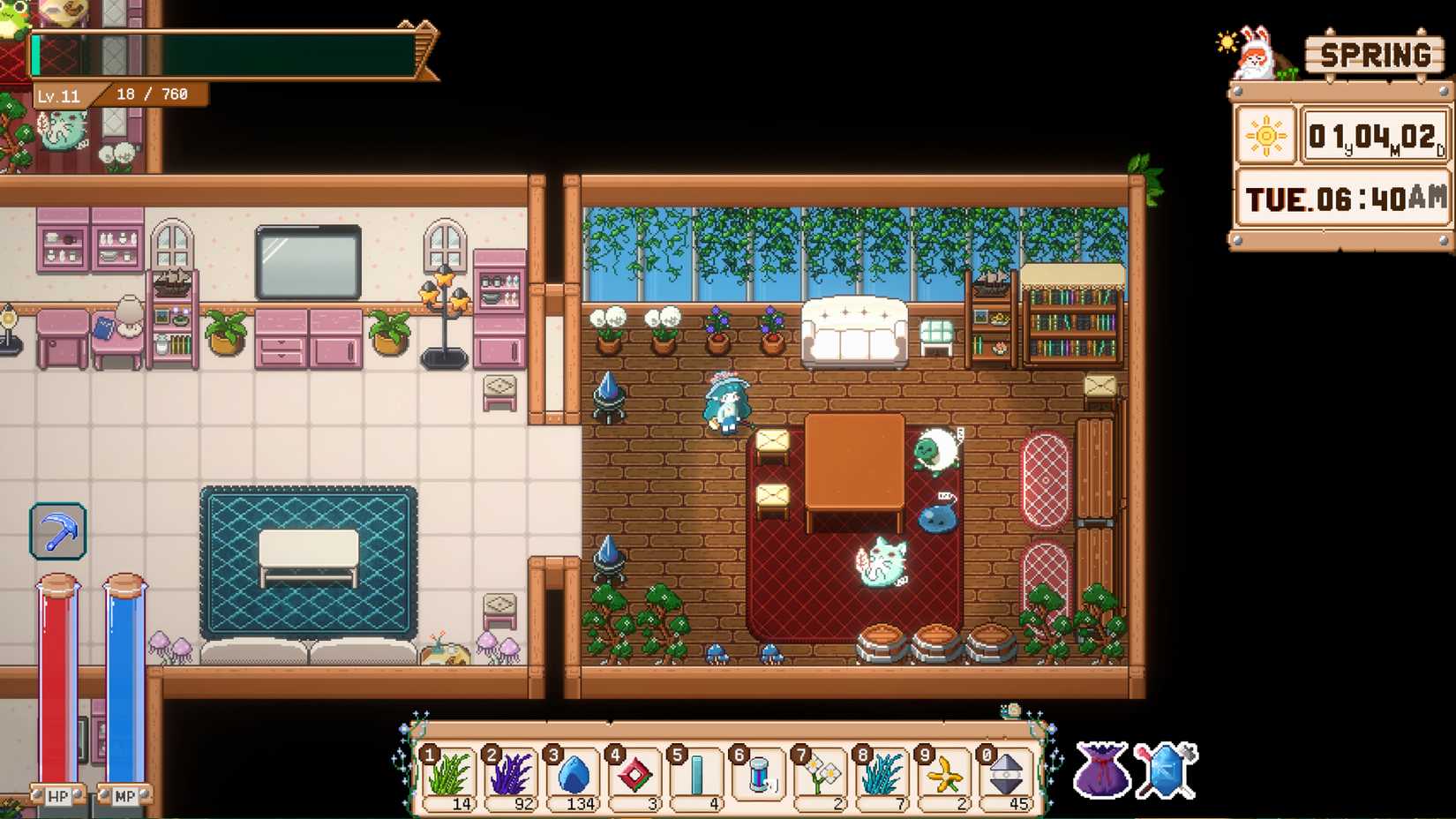 A furnished house in Mystical Demon Farm featuring a pastel-colored kitchen, cozy living area, dining table, decorative plants, and several small demon companions