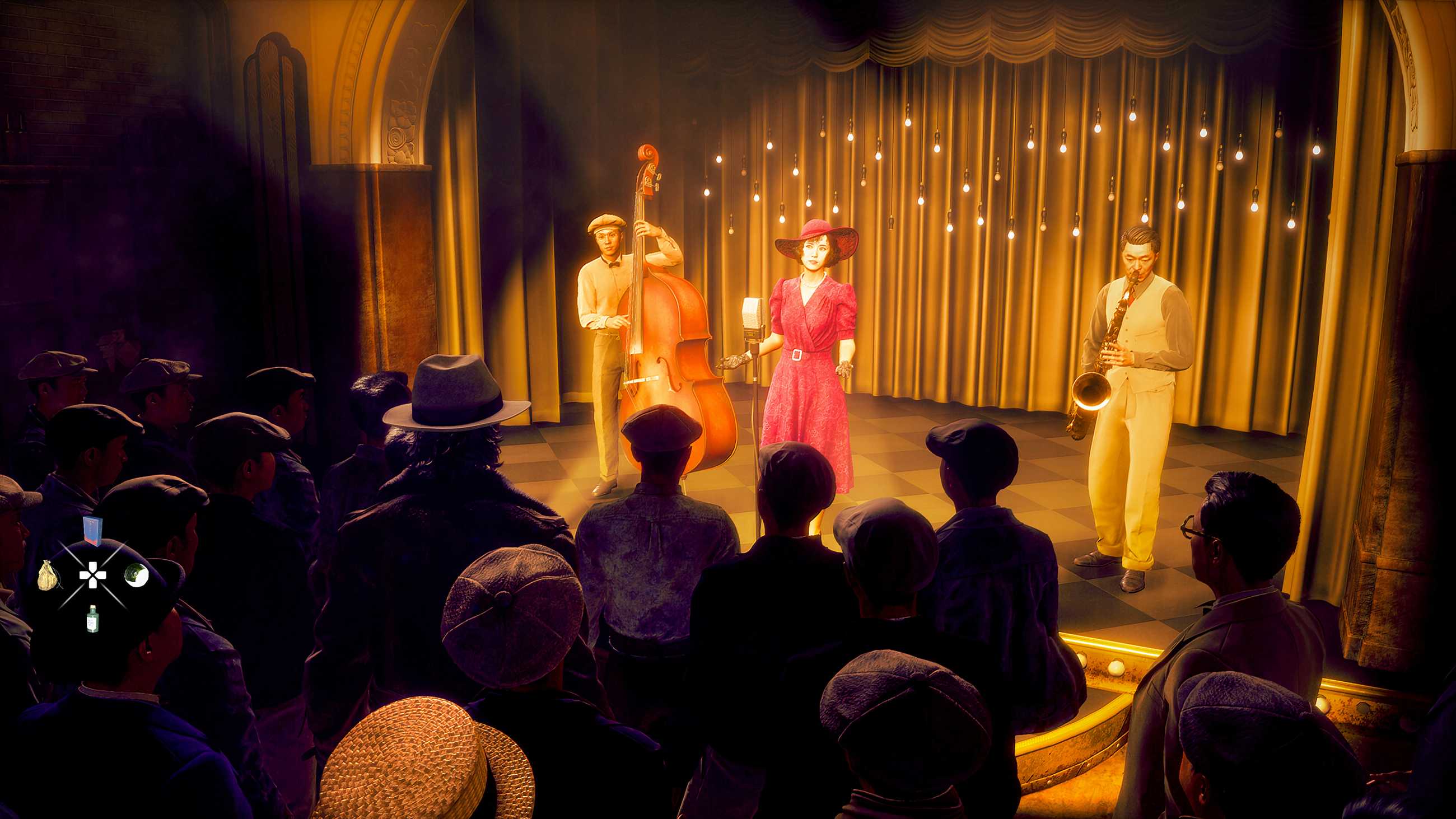 A jazz singer in a red dress and matching hat performs onstage alongside a double bassist and saxophonist before a crowded nightclub audience in Stranger Than Heaven