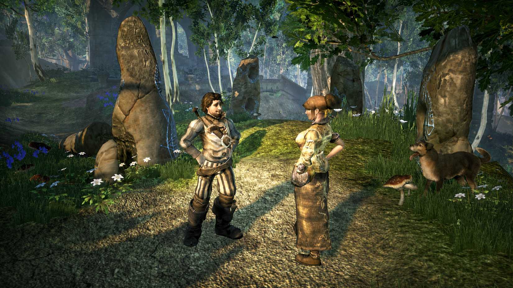 A male Hero in Fable 2 stands with his hands on his hips while speaking to a woman in a sunlit forest clearing surrounded by ancient standing stones etched with glowing blue runes, with his dog nearby
