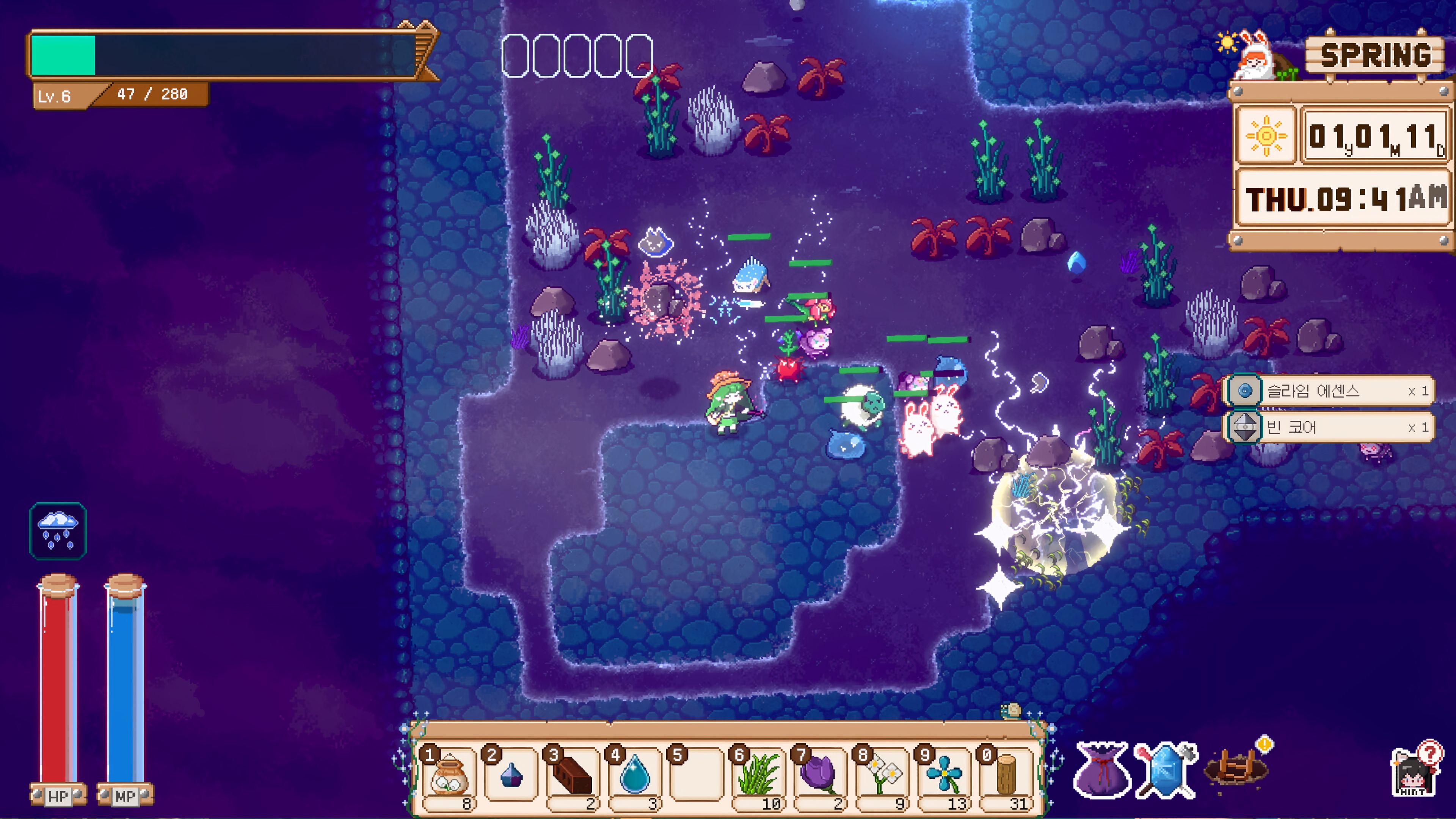 A player battles enemies alongside a party of colorful demons in a purple underground dungeon in Mystical Demon Farm, with magical attacks lighting up the battlefield