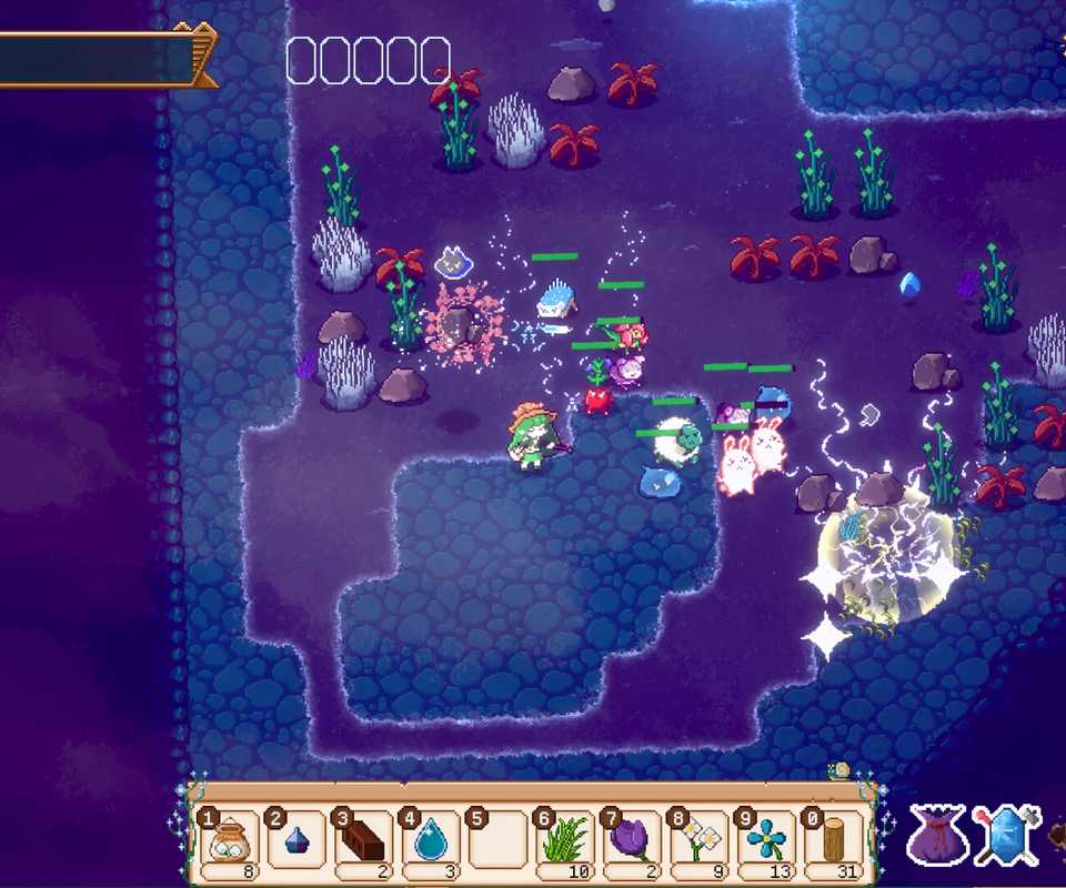 A player battles enemies alongside a party of colorful demons in a purple underground dungeon in Mystical Demon Farm, with magical attacks lighting up the battlefield