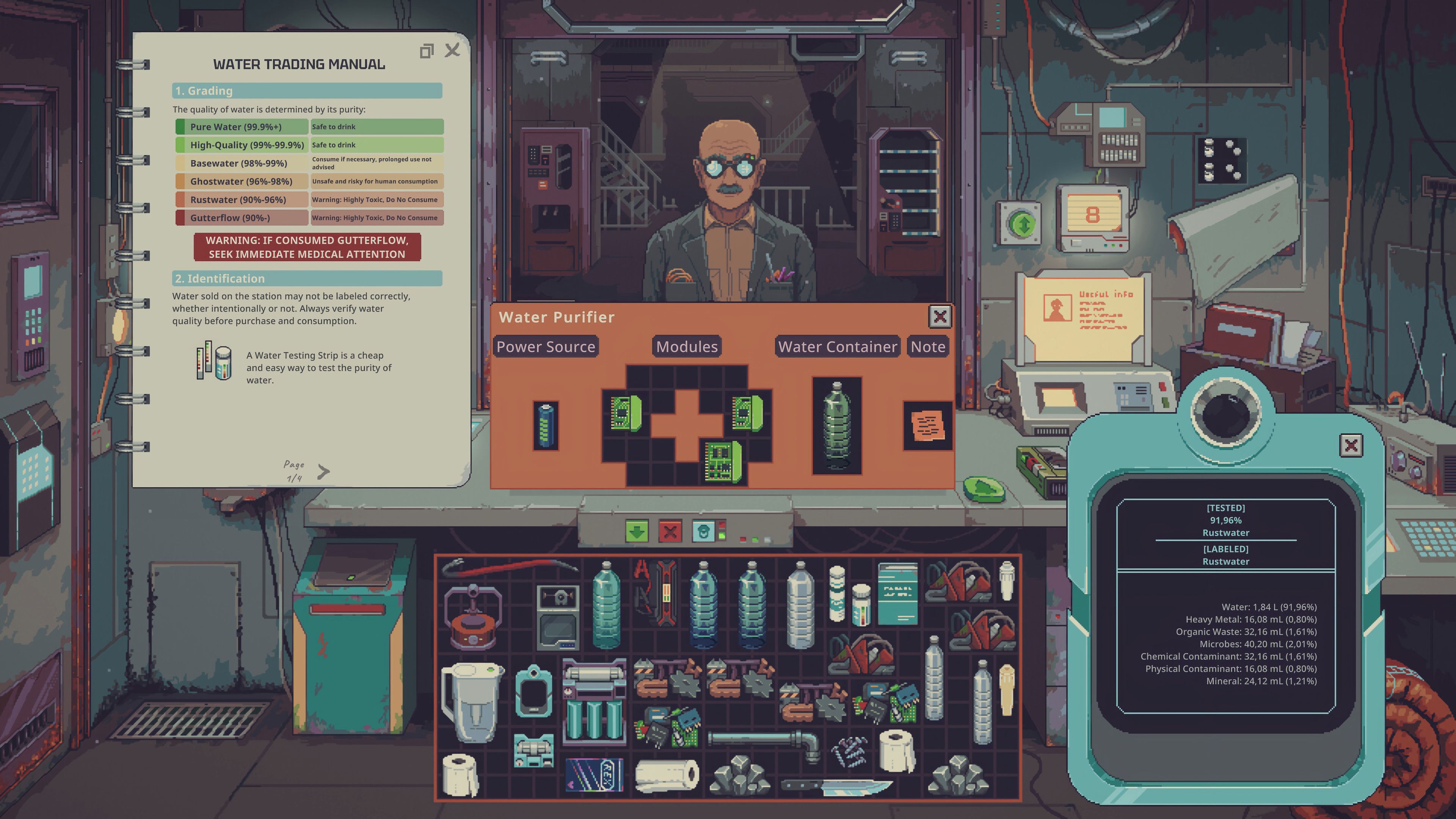 A player tests contaminated water in Probably Stolen, using a water quality scanner alongside a purification machine and trading manual