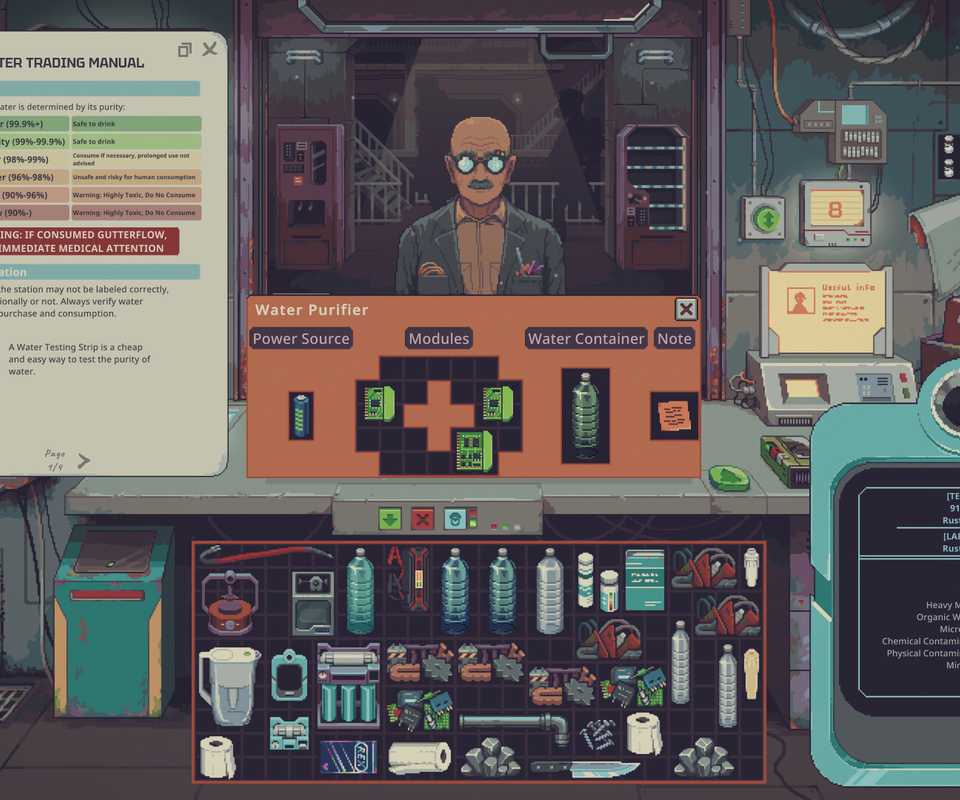 A player tests contaminated water in Probably Stolen, using a water quality scanner alongside a purification machine and trading manual