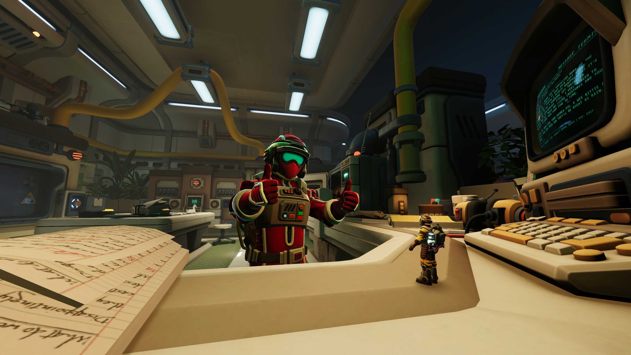 A red-suited Explorer gives two thumbs up to their much smaller yellow-suited partner inside a retro-futuristic Norček Industries laboratory filled with computers and scientific equipment in We Were Here Tomorrow