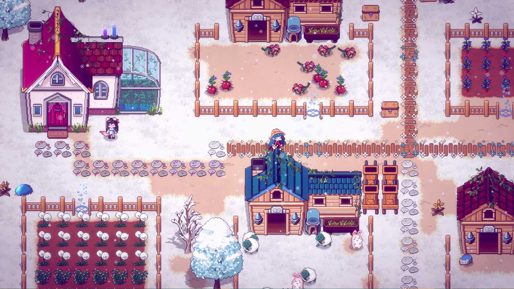 A snow-covered farm in Mystical Demon Farm featuring planted crops, wooden buildings, fenced gardens, wandering demon creatures, and a player exploring the winter landscape