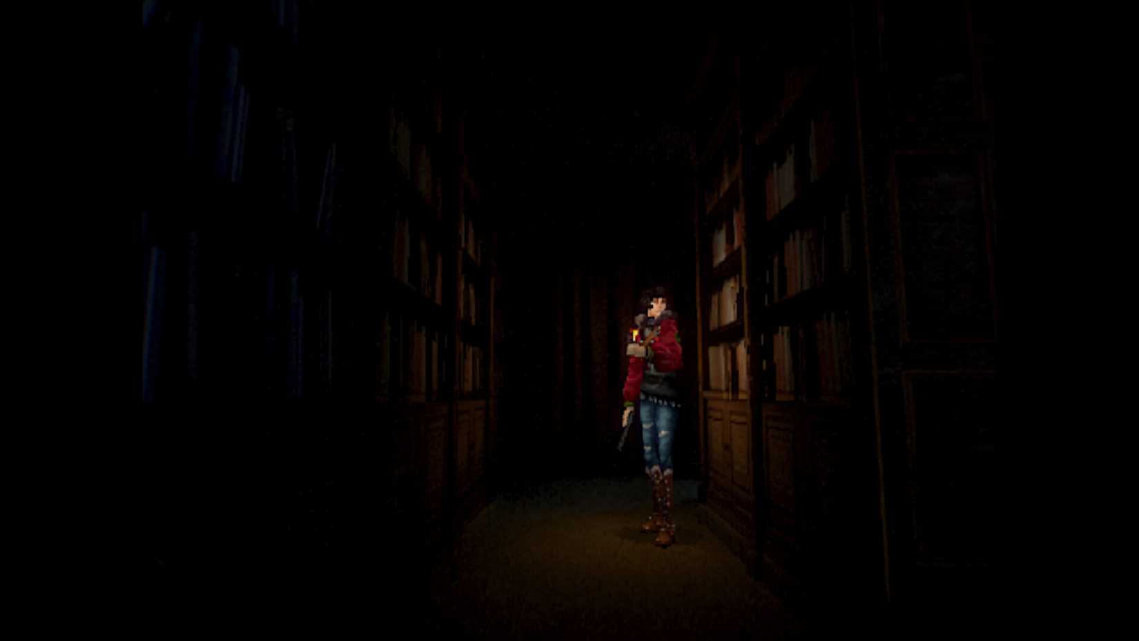 A survivor holding a firearm explores a dark library lined with towering wooden bookshelves in the retro survival horror game PHASE ZERO