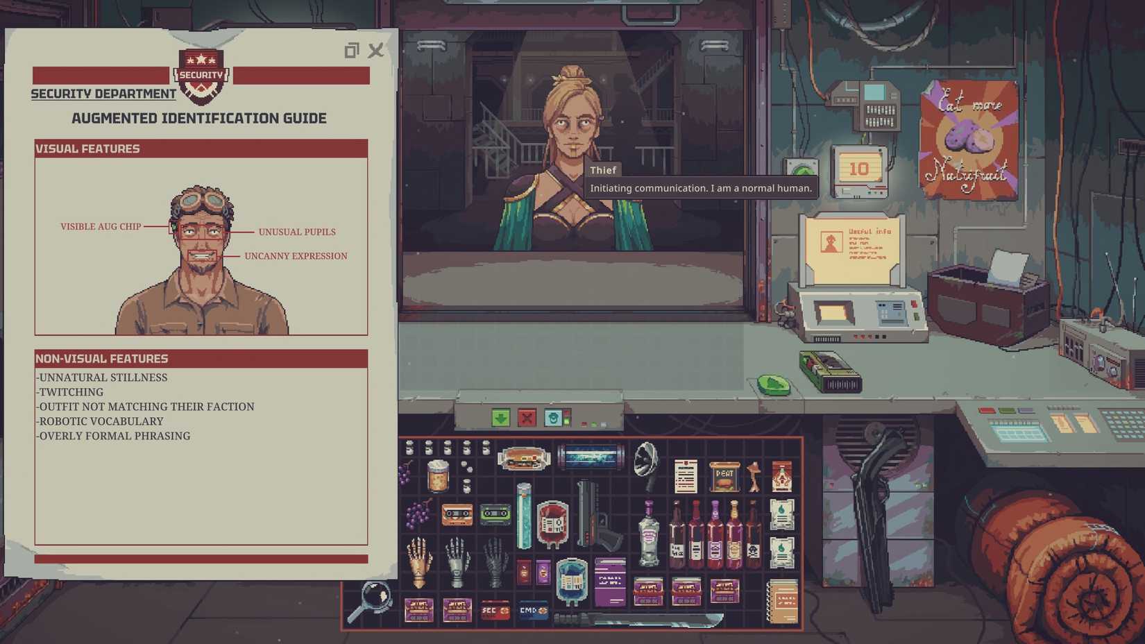 A suspicious customer visits the shop in Probably Stolen, while an augmented identification guide explains how to detect AI-controlled humans