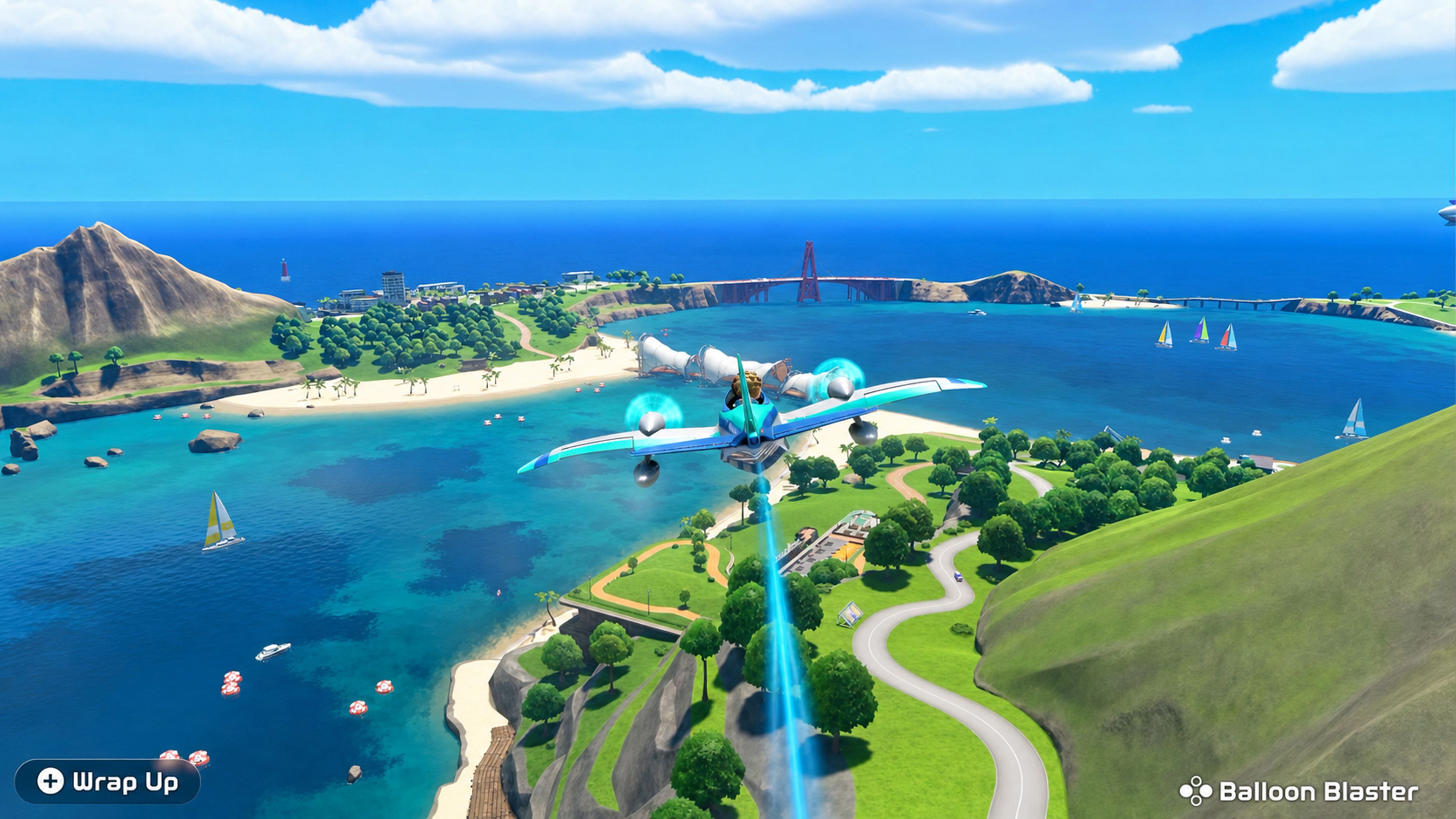 A turquoise prop plane flies over Wuhu Island in Nintendo Switch Sports Resort, overlooking tropical beaches, turquoise waters, sailboats, winding roads, and a distant suspension bridge
