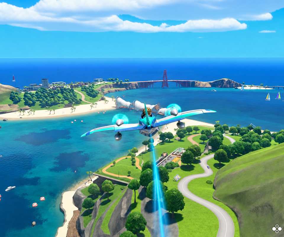 A turquoise prop plane flies over Wuhu Island in Nintendo Switch Sports Resort, overlooking tropical beaches, turquoise waters, sailboats, winding roads, and a distant suspension bridge