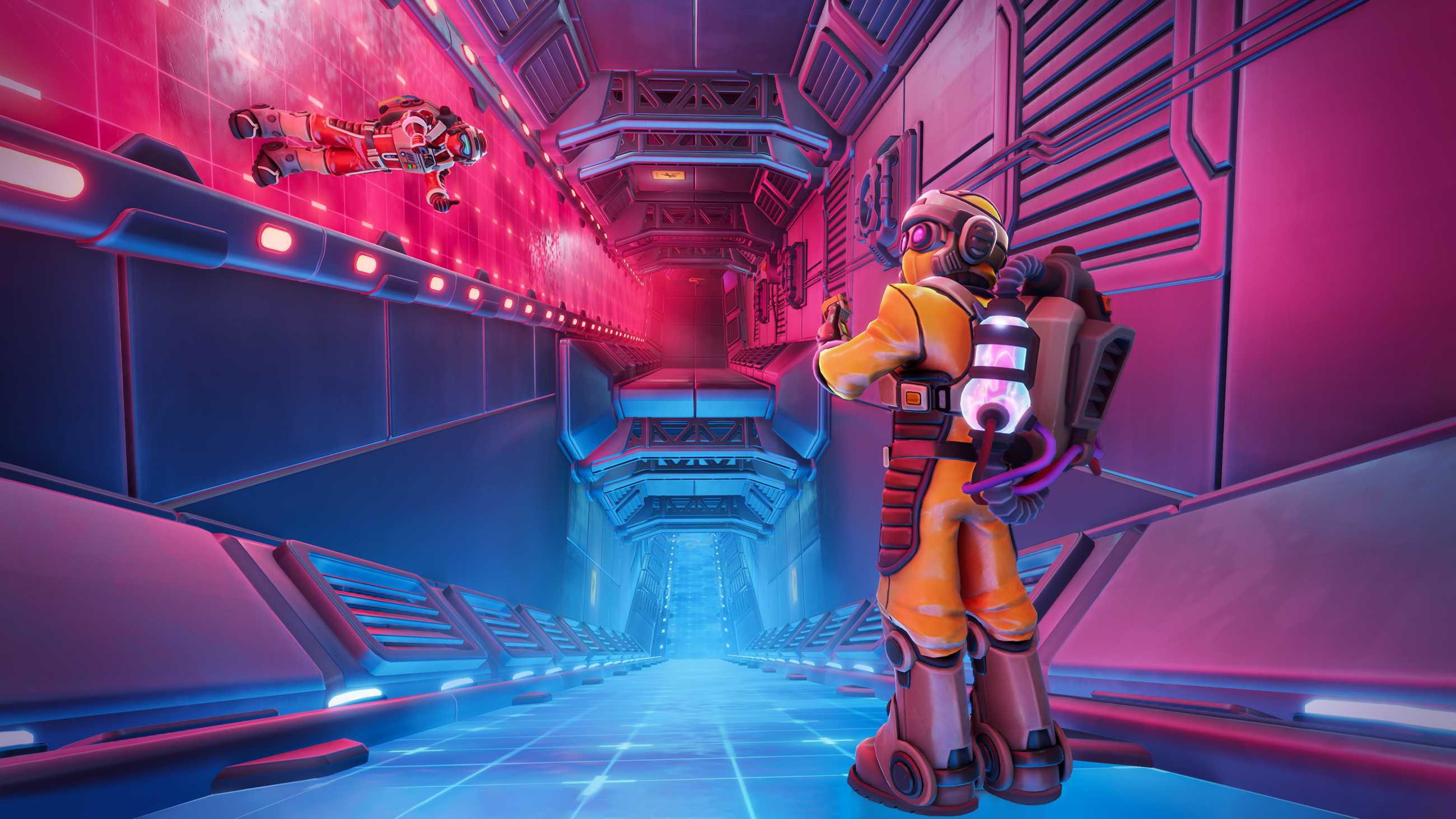 A yellow-suited Explorer watches their red-suited partner float sideways along a glowing red wall inside a futuristic gravity-defying corridor in We Were Here Tomorrow