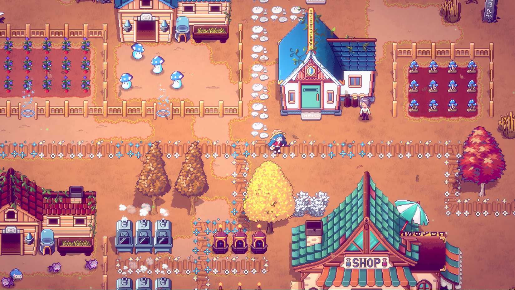 An autumn village in Mystical Demon Farm featuring colorful crop fields, mushroom-shaped demons, wooden fences, and a shop surrounded by decorated houses
