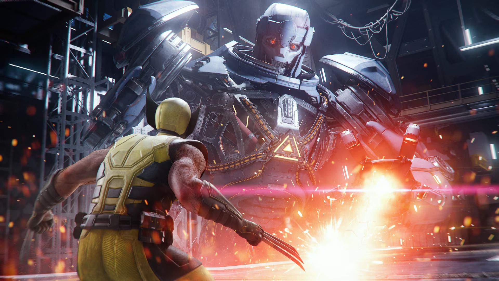 marvel's wolverine facing off against sentinel in boss battle