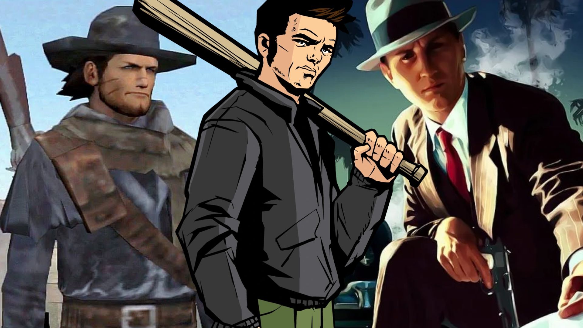 Rockstar protagonists Claude, Cole Phelps, and Red Harlow