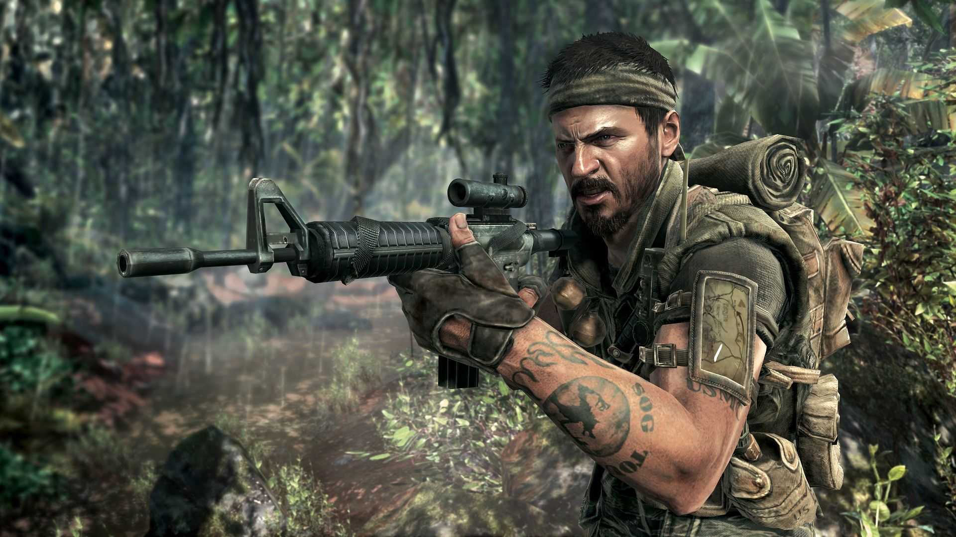 An image from Call of Duty: Black Ops showing a soldier pointing his firearm to the left side of the camera.