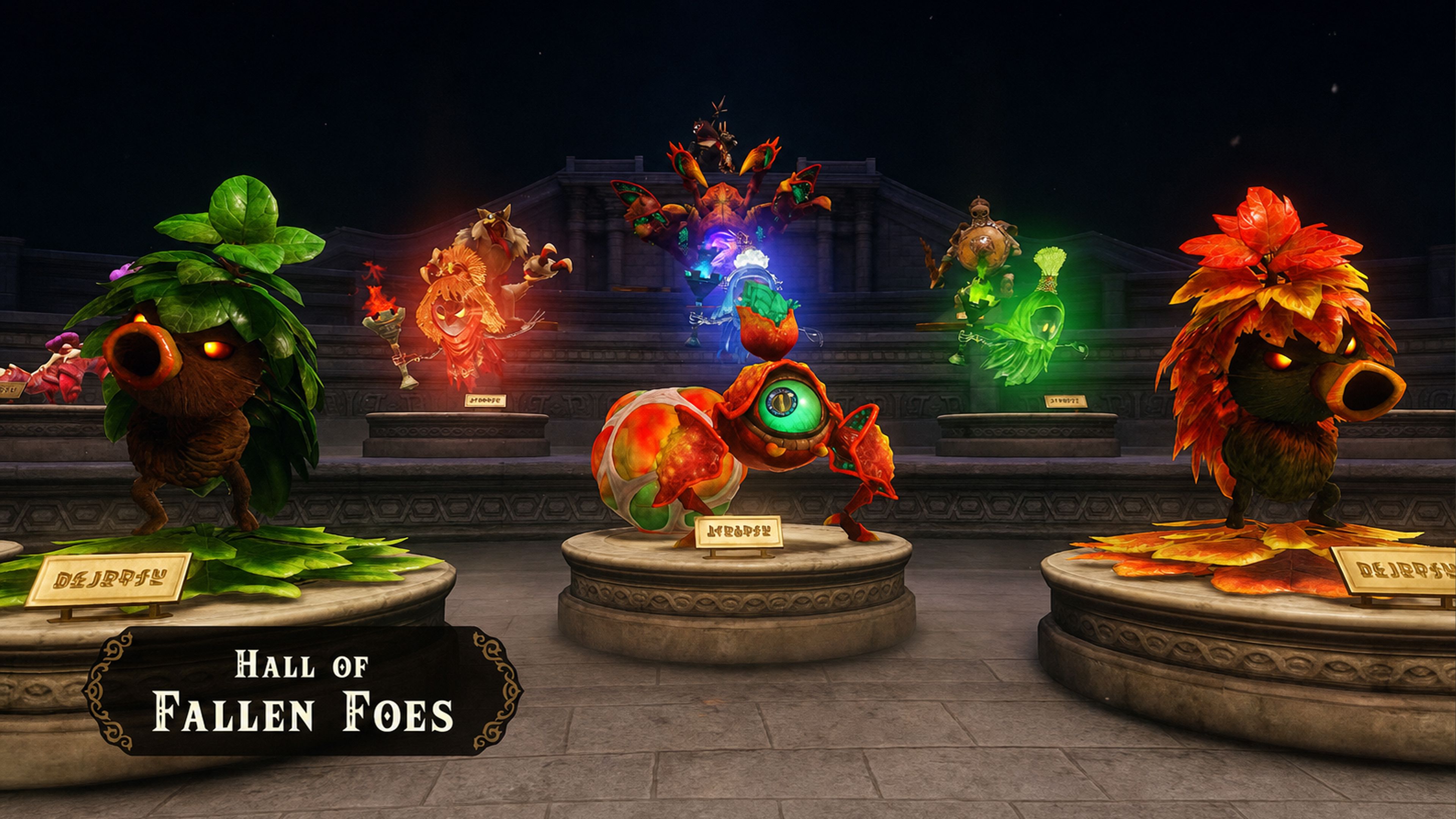 Colorful Deku Scrub and other monster statues displayed on pedestals inside the Hall of Fallen Foes in the Zelda Ocarina of Time remake