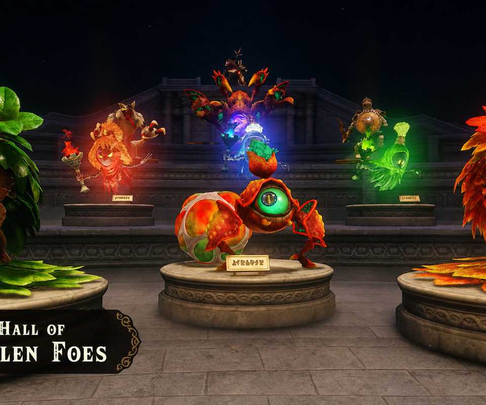 Colorful Deku Scrub and other monster statues displayed on pedestals inside the Hall of Fallen Foes in the Zelda Ocarina of Time remake