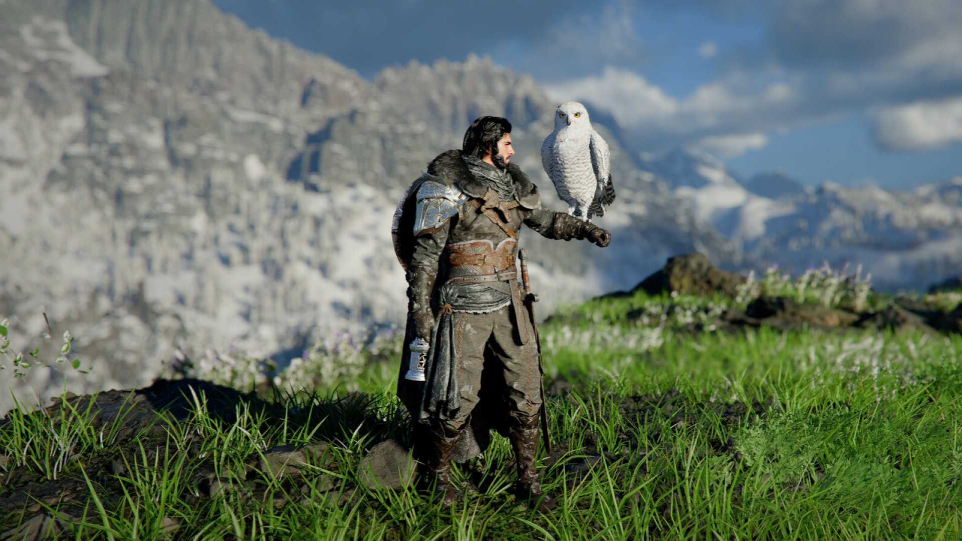 An image of Kliff from Crimson Desert with a white-feathered owl perched on his left arm.