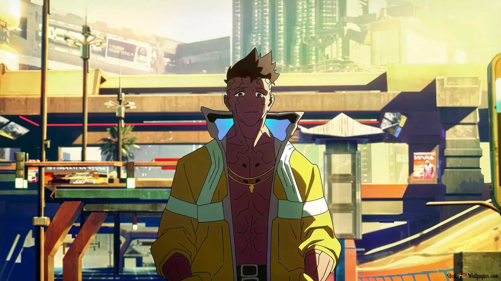 David Cyberpunk Edgerunners stood infront of industrial scene